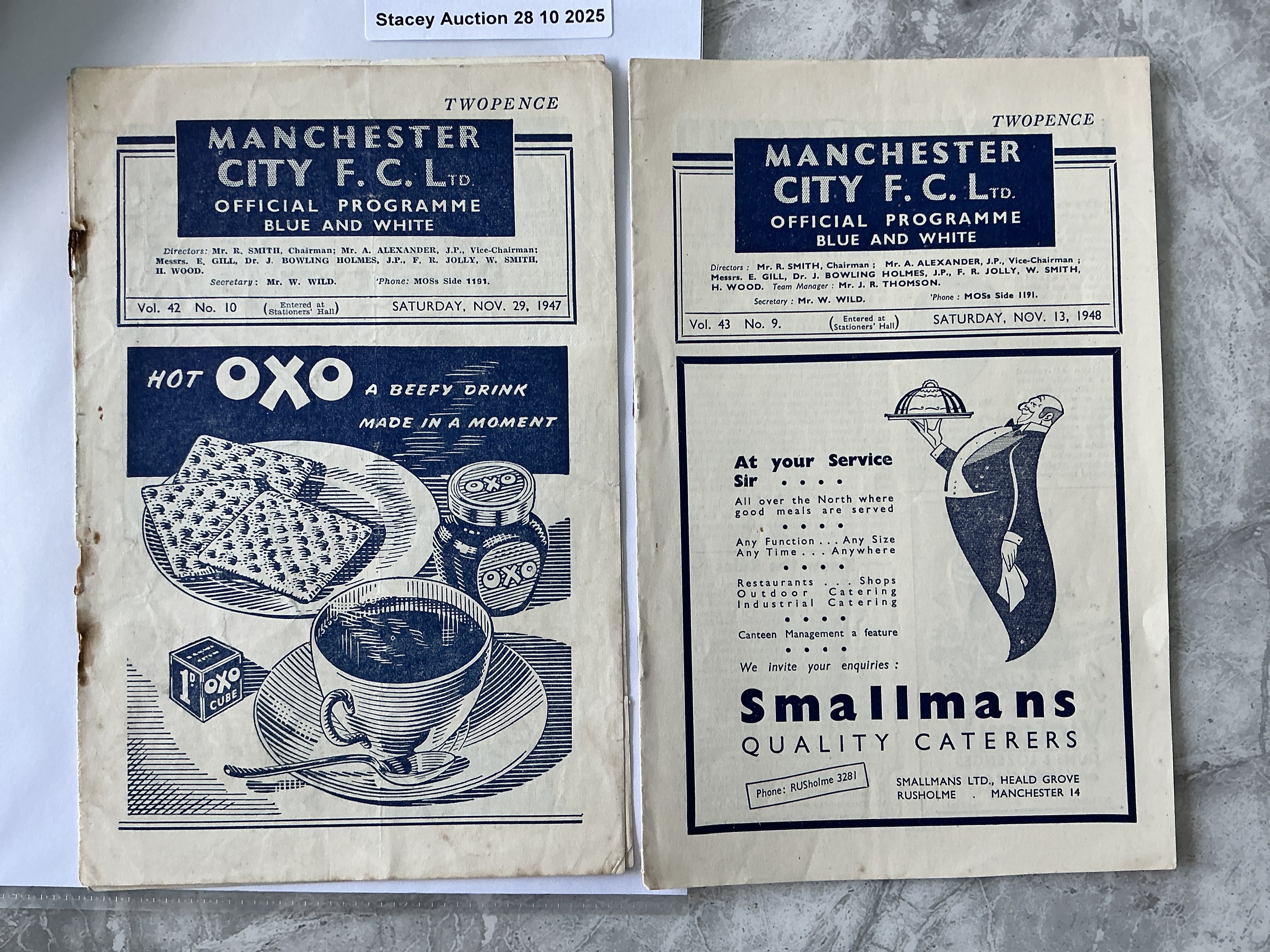 1940s Manchester City v Liverpool Football Programmes: 47/48 has rusty staples that have rotted away and a split spine. 48/49 is excellent with no team changes. (2)