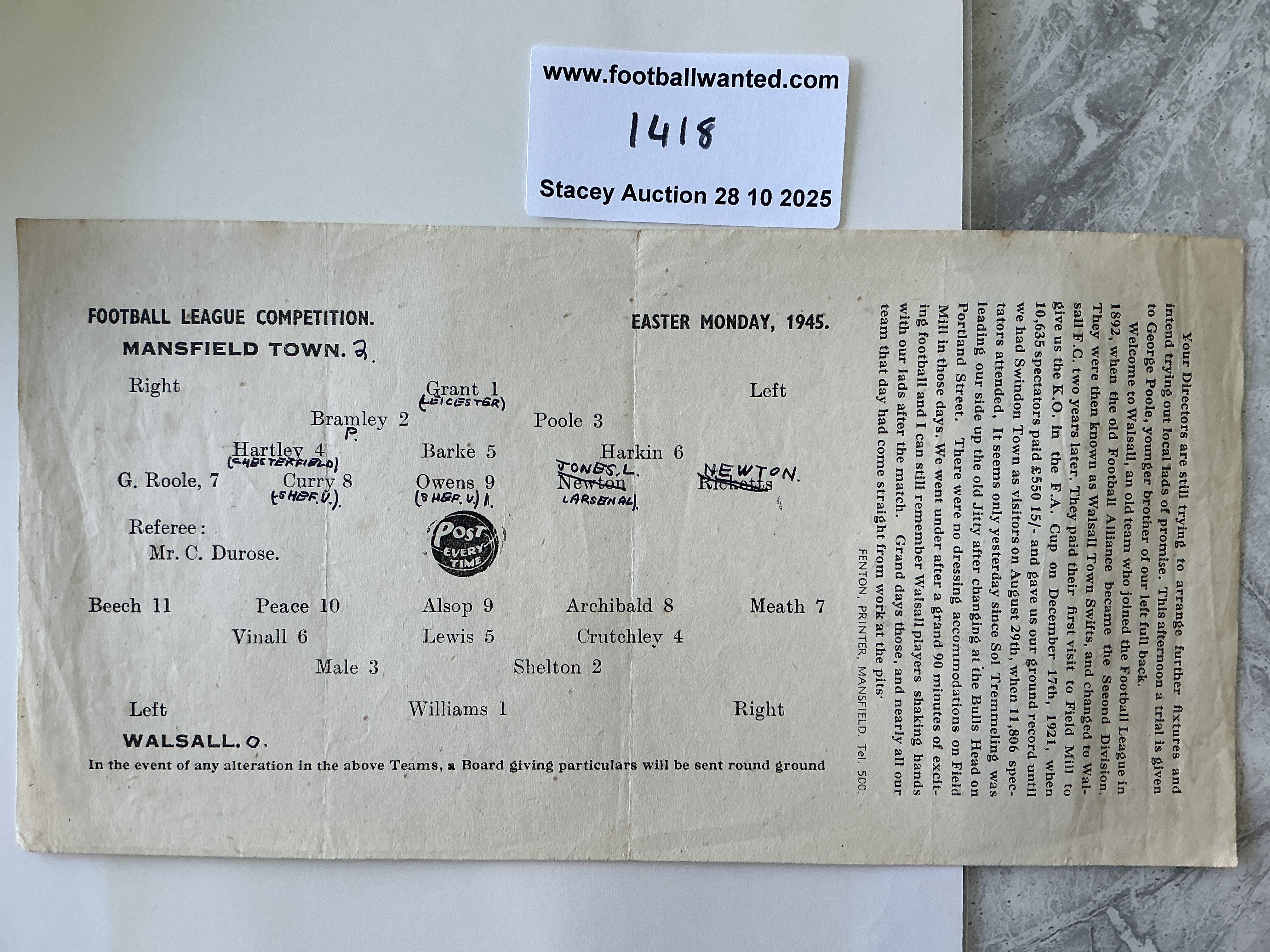 44/45 Mansfield Town v Walsall Football Programme: Very good condition League programme with team changes. Single sheet with blank rear. Fold.