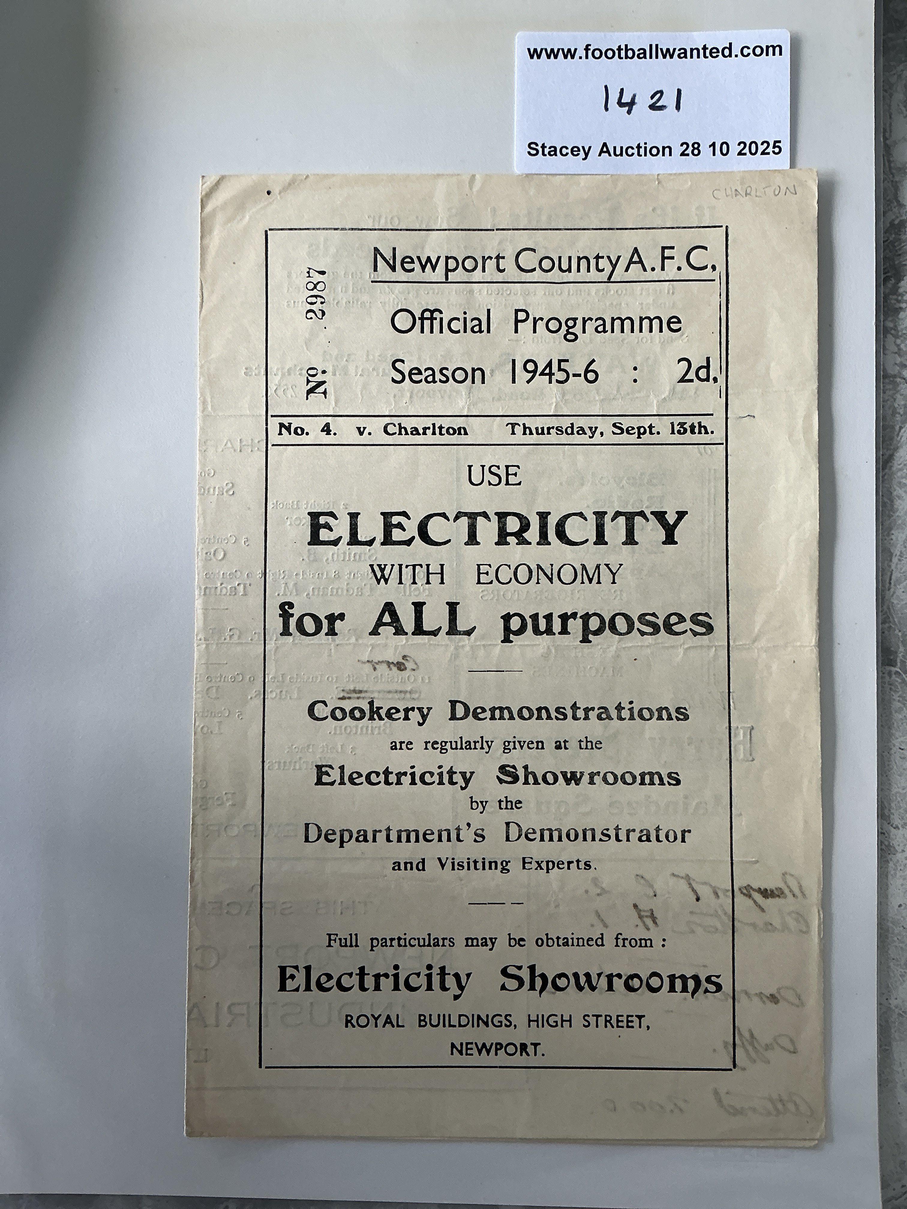 45/46 Newport County v Charlton Football Programme: Very good condition League programme with team changes and writing inside.