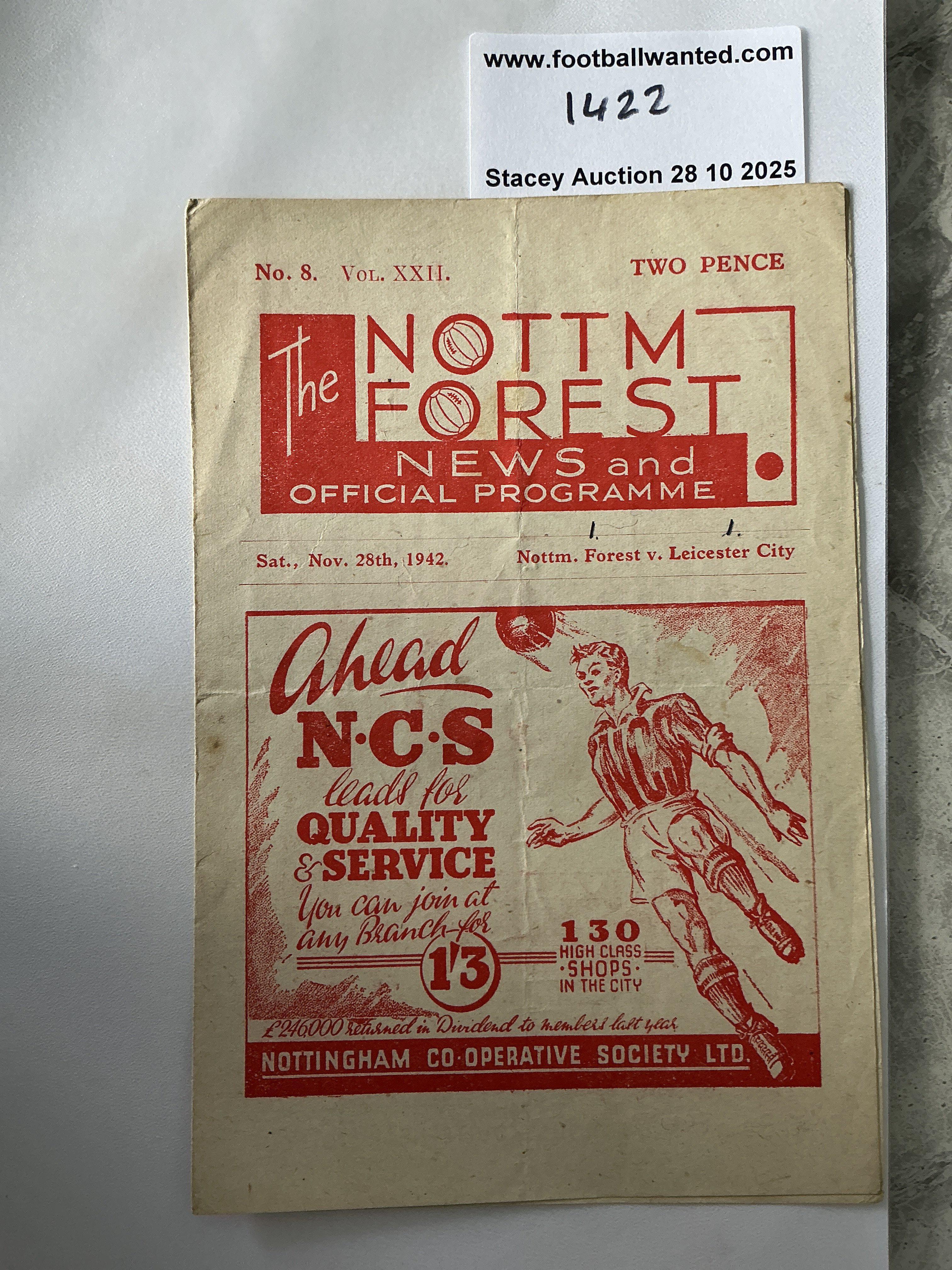 42/43 Nottingham Forest v Leicester City Football Programme: Good condition League programme with team changes. 4 pager dated 28 11 1942. Fold and score to cover.