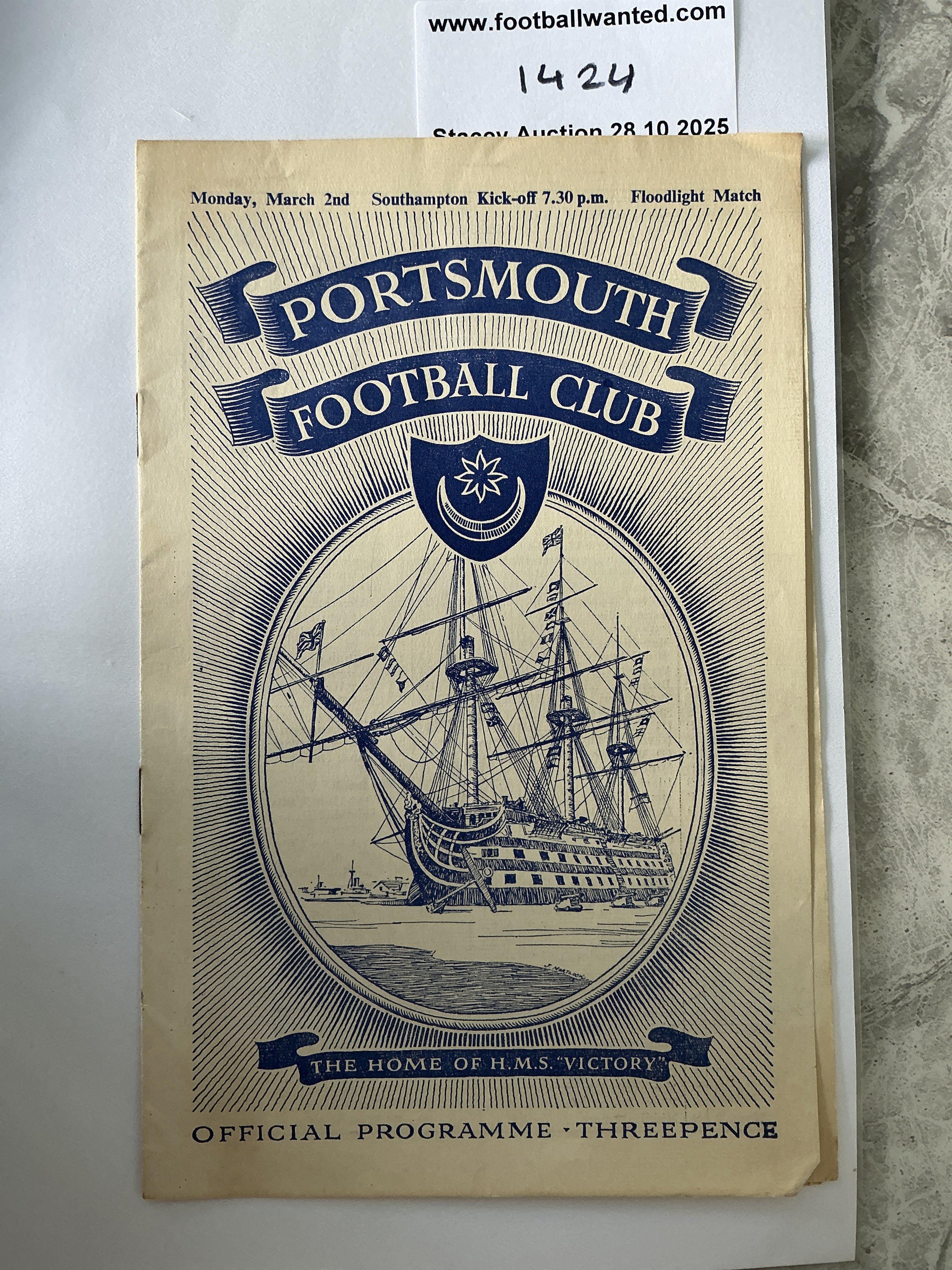 52/53 Portsmouth v Southampton Friendly Football Programme: Very good condition first ever floodlight match programme with no team changes.