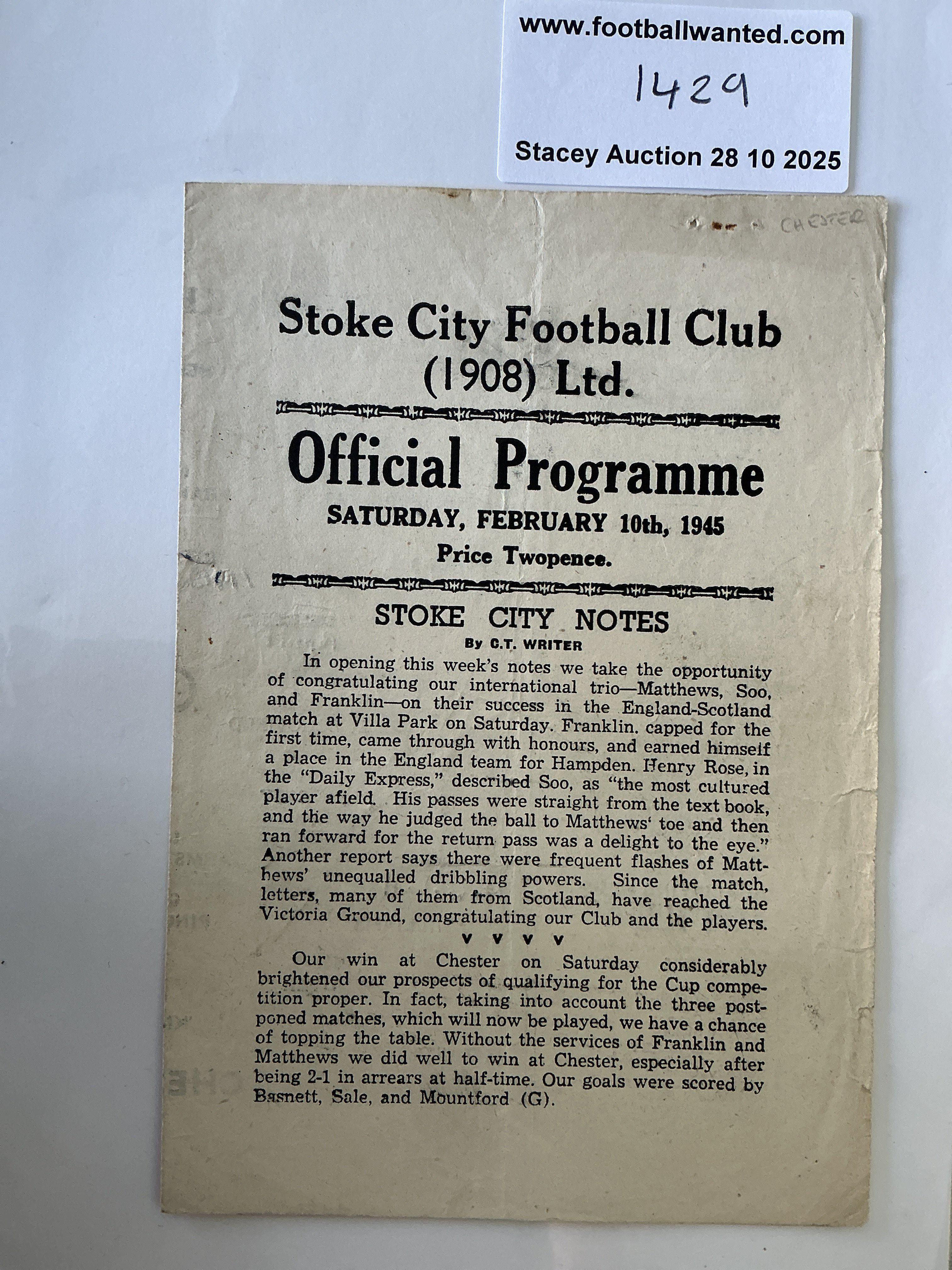 44/45 Stoke City v Chester Football Programme: Good condition War Cup programme with team changes. Fold and wear to edge.