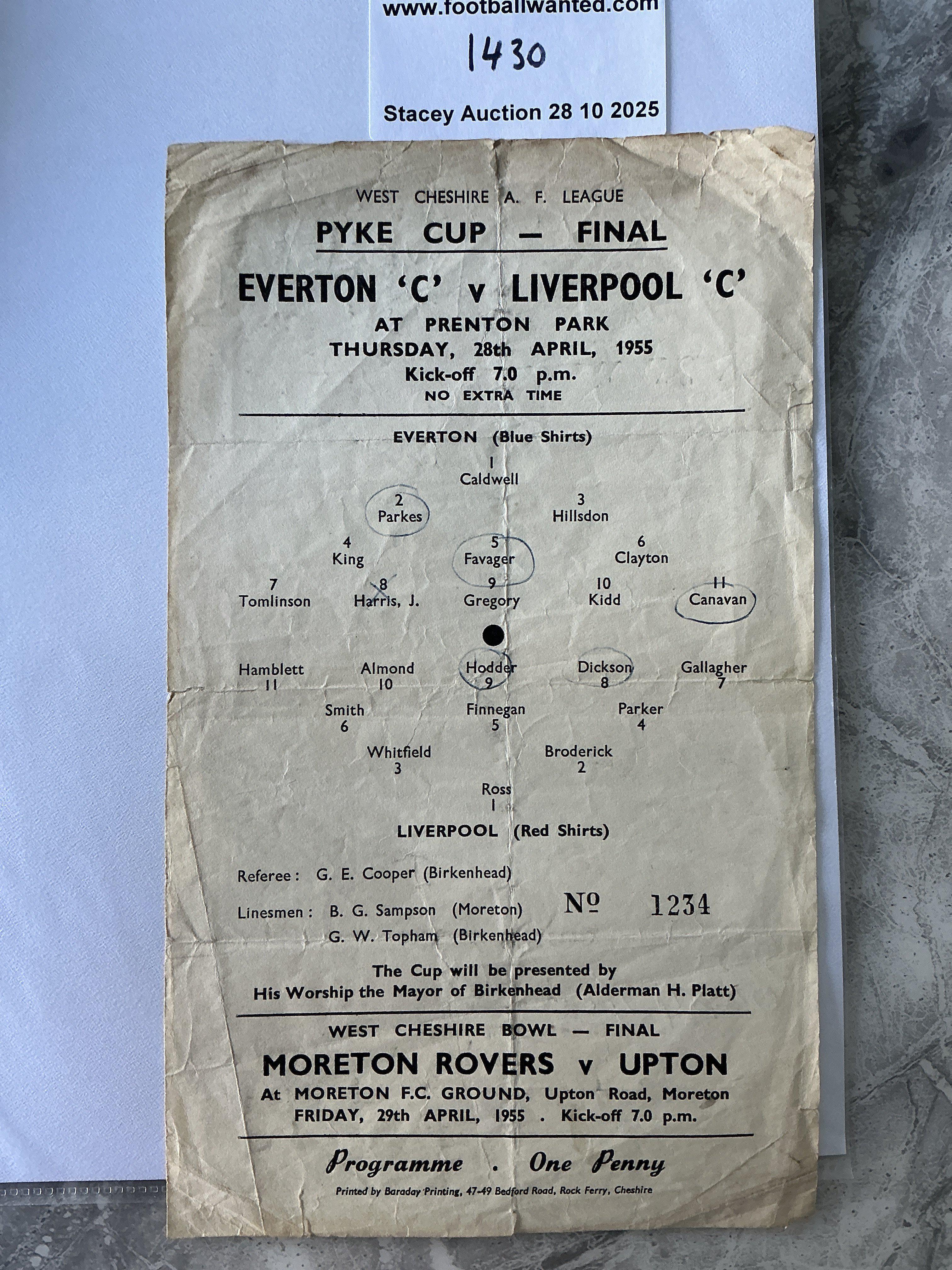 54/55 Everton v Liverpool Pyke Cup Final Football Programme: Fair condition rare programme played at Tranmere with no team changes but a few players circled. Played on Thursday 28 4 1955 between Everton C Team and Liverpool C Team. Writing to rear blank page and creasing.