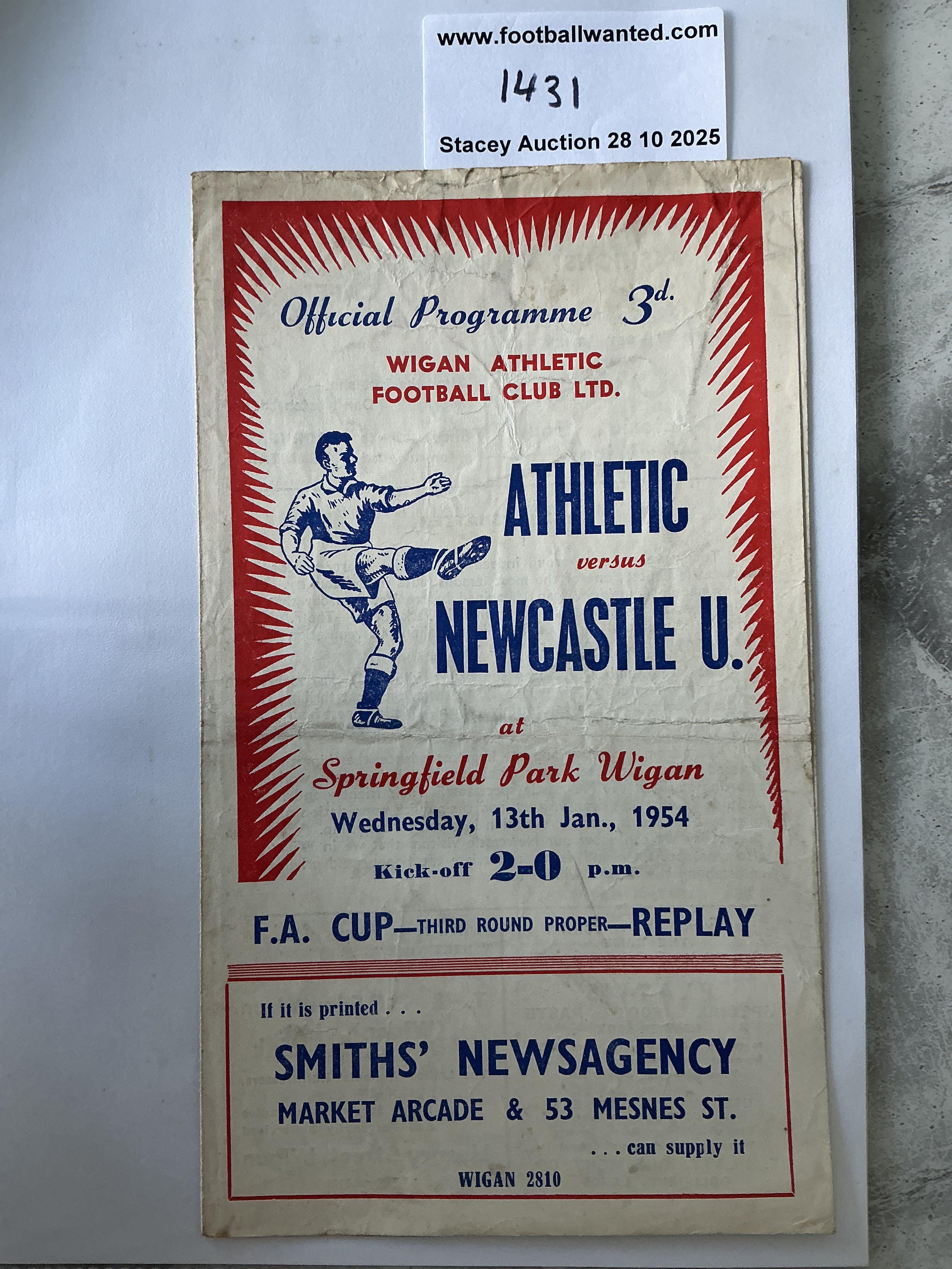53/54 Wigan v Newcastle United FA Cup Football Programme: Good condition gatefold replay programme with no team changes.