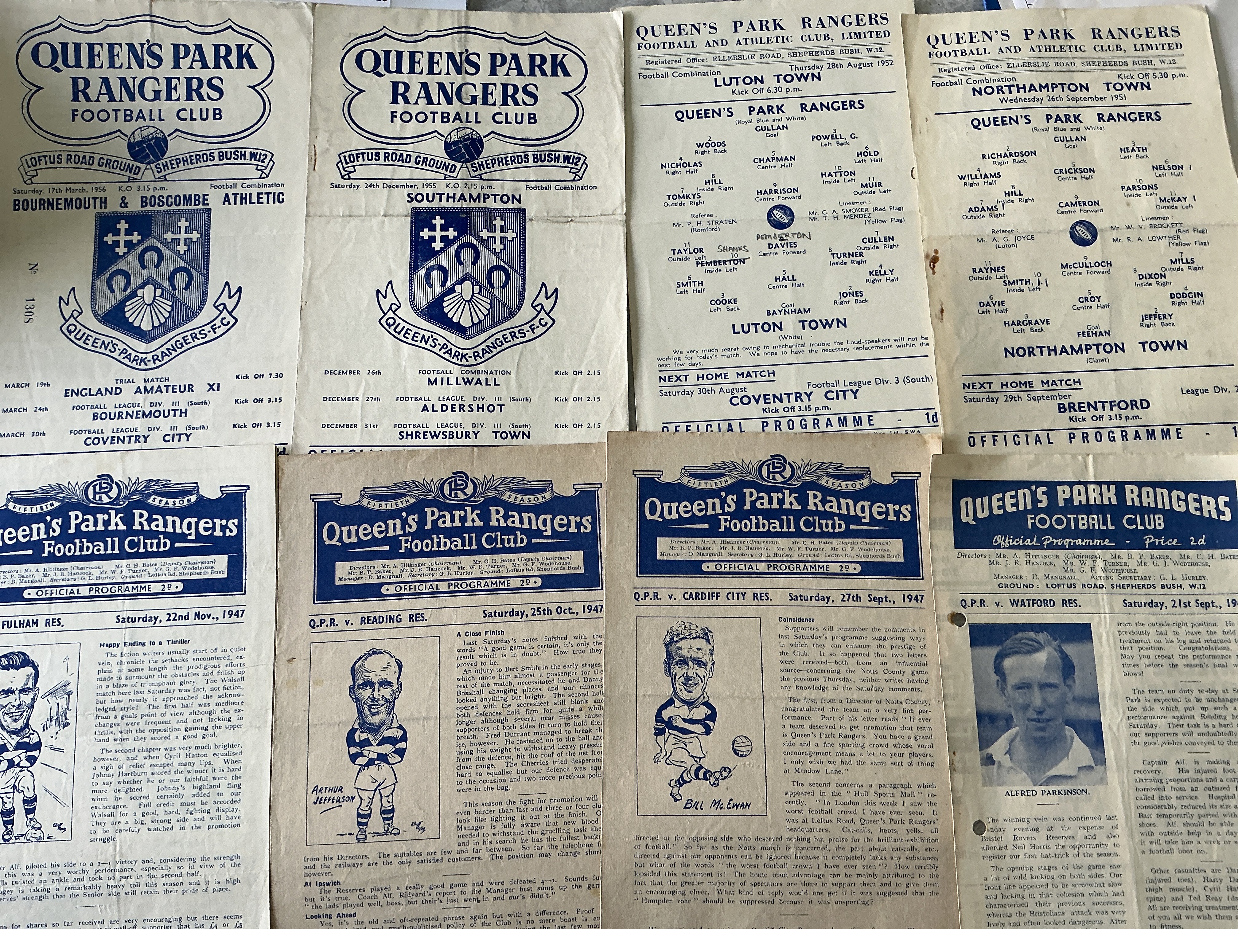 QPR Reserve Football Programmes: 46/47 Watford punch holes, 47/48 Cardiff, Reading, Fulham, 51/52 Northampton, 52/53 Luton, 55/56 Southampton, Bournemouth. Good. (8)