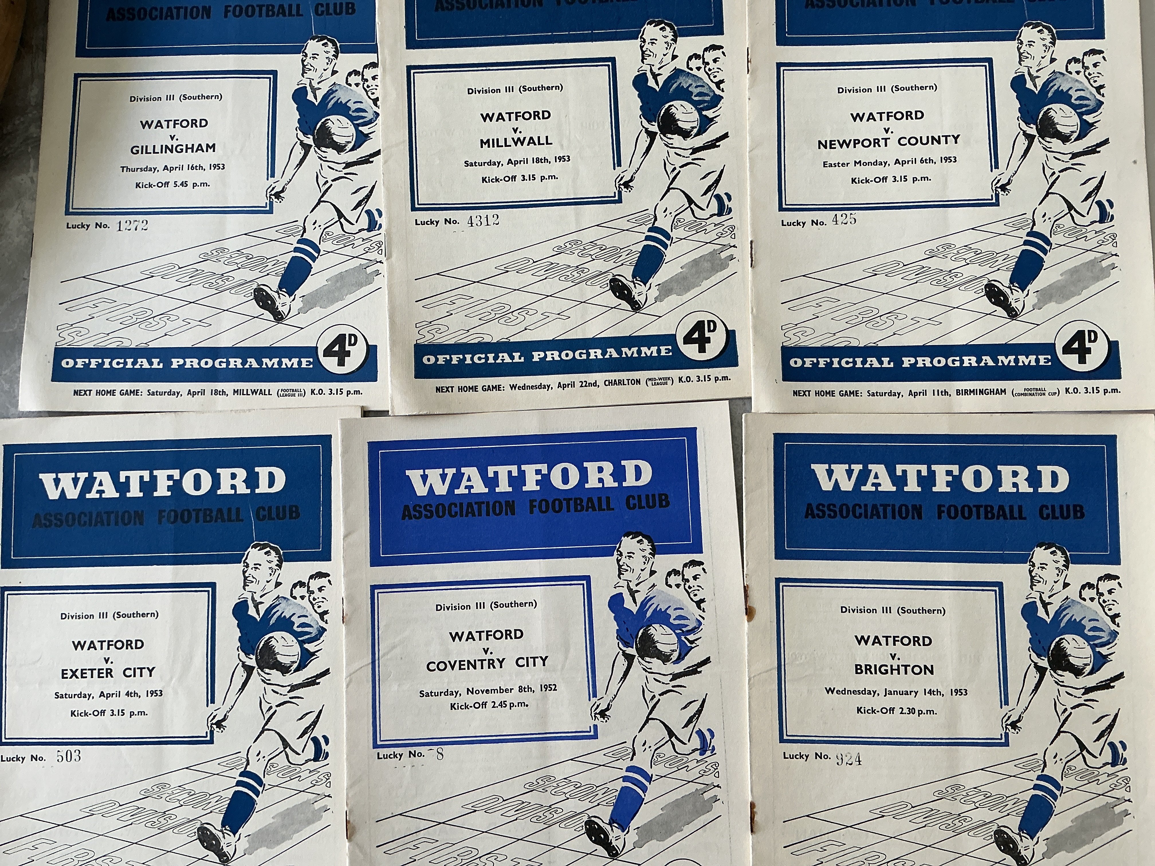 52/53 Watford Home Football Programmes: Good condition league matches v Coventry Brighton Exeter Newport Gillingham and Millwall. All staples holding firm whilst a bit rusty. (6)