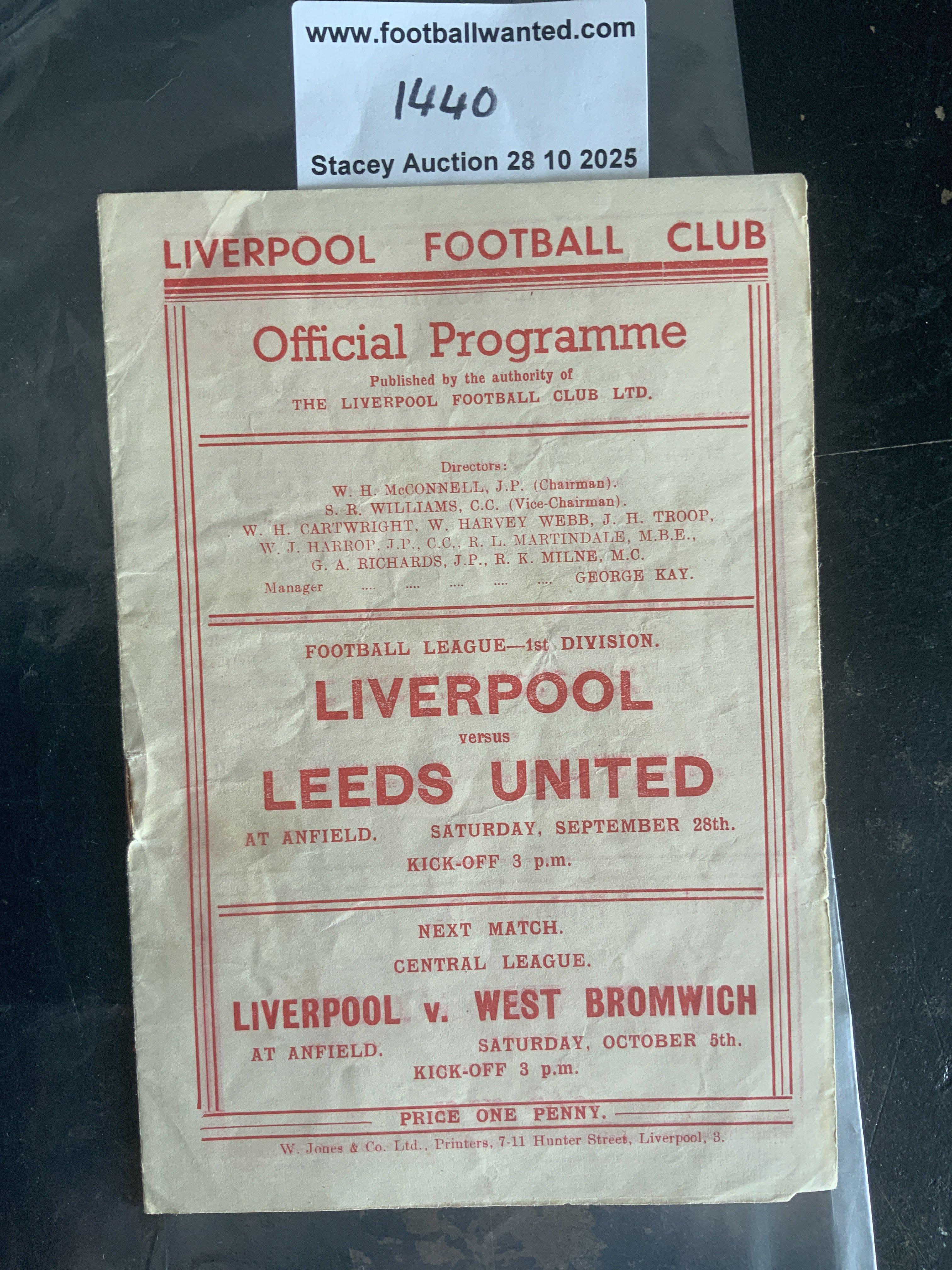 46/47 Liverpool v Leeds United Football Programme: 1st Division programme is good with no writing.