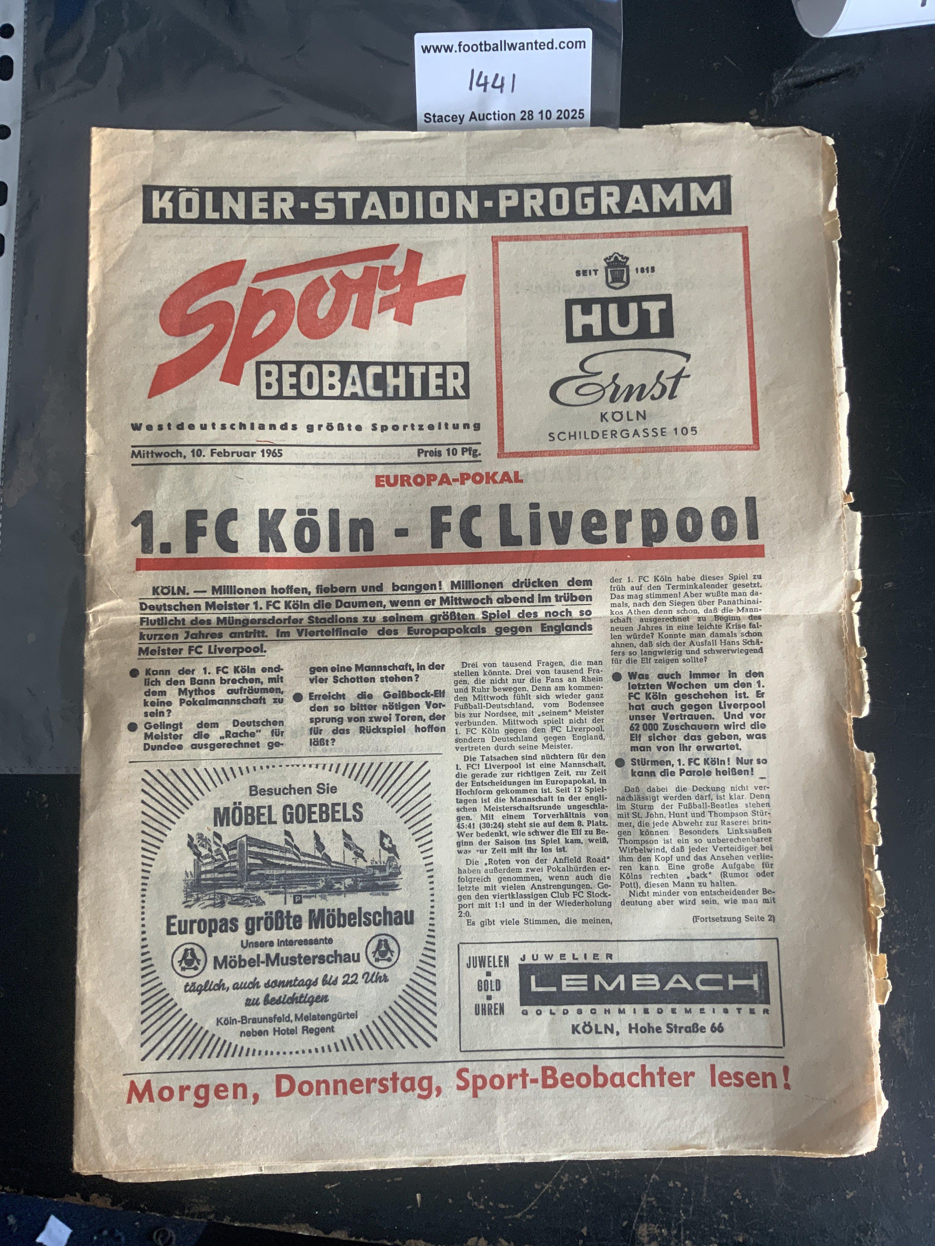 64/65 Cologne v Liverpool Football Programme: European Cup newspaper style programme is good with no writing. Wear to right hand edge.