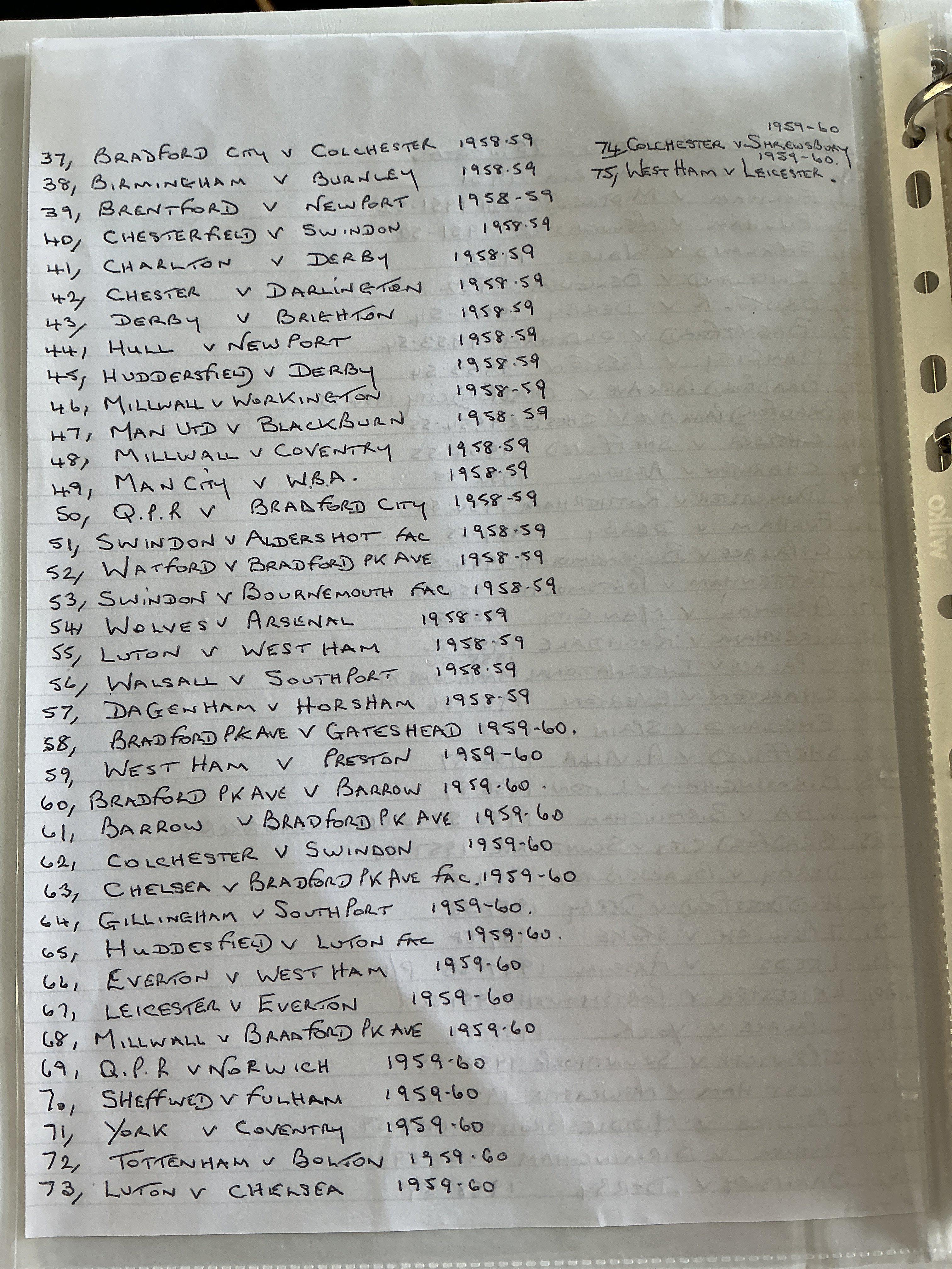 1940s + 1950s Football Programmes: Folder of 75 mixed conditions with 17 being 40s programmes covering many different clubs. Index of programmes pictured online. (75).