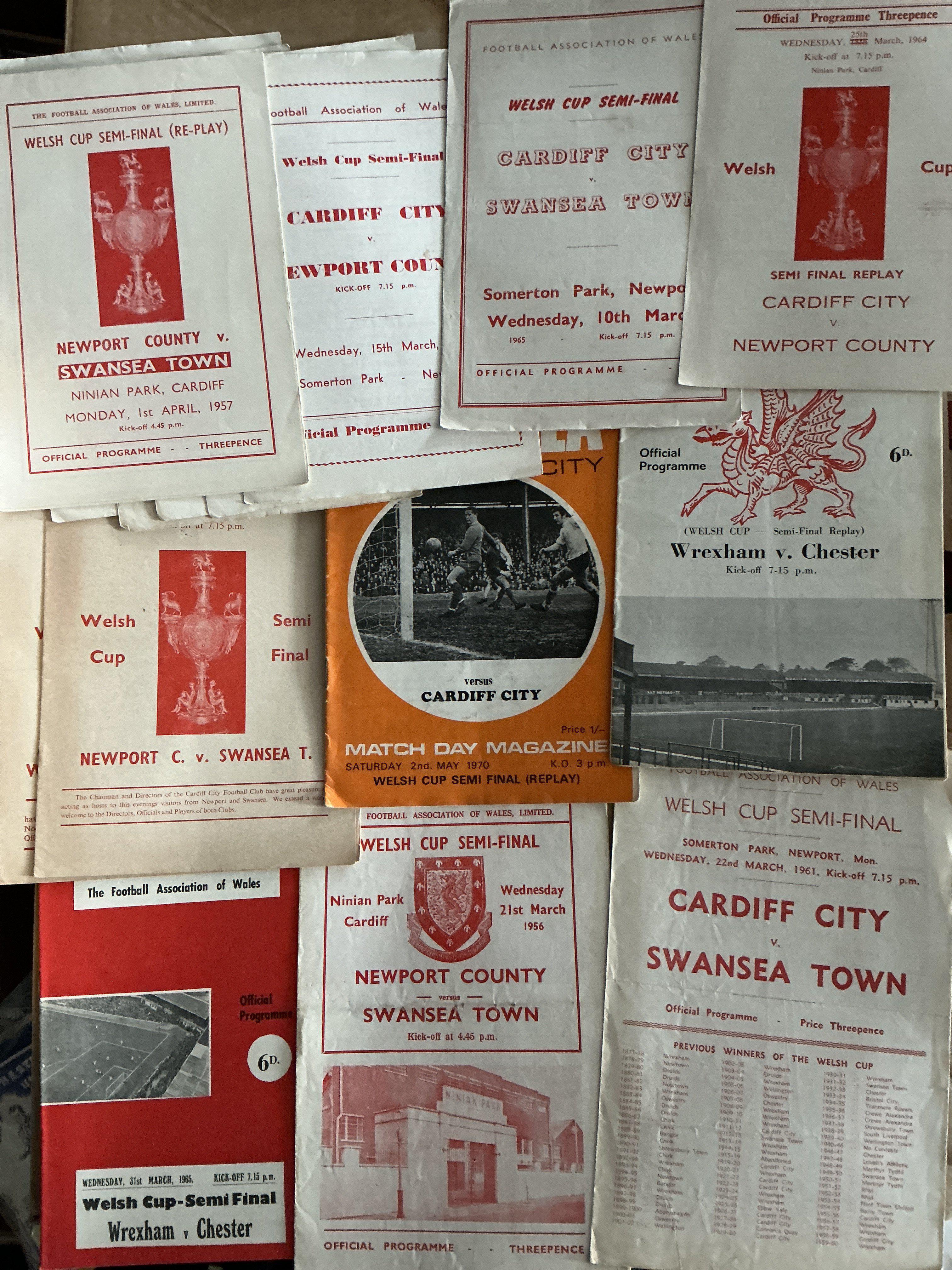 Welsh Cup Final + Semi Final Football Programmes: Very nice collection to include finals for 56, 57, 61, 63, 65 both legs, 71. Semi finals are from 56, 57, 62, 63, 64, 65 and a quantity of 67 at Cardiff. Very good with duplication. (26)