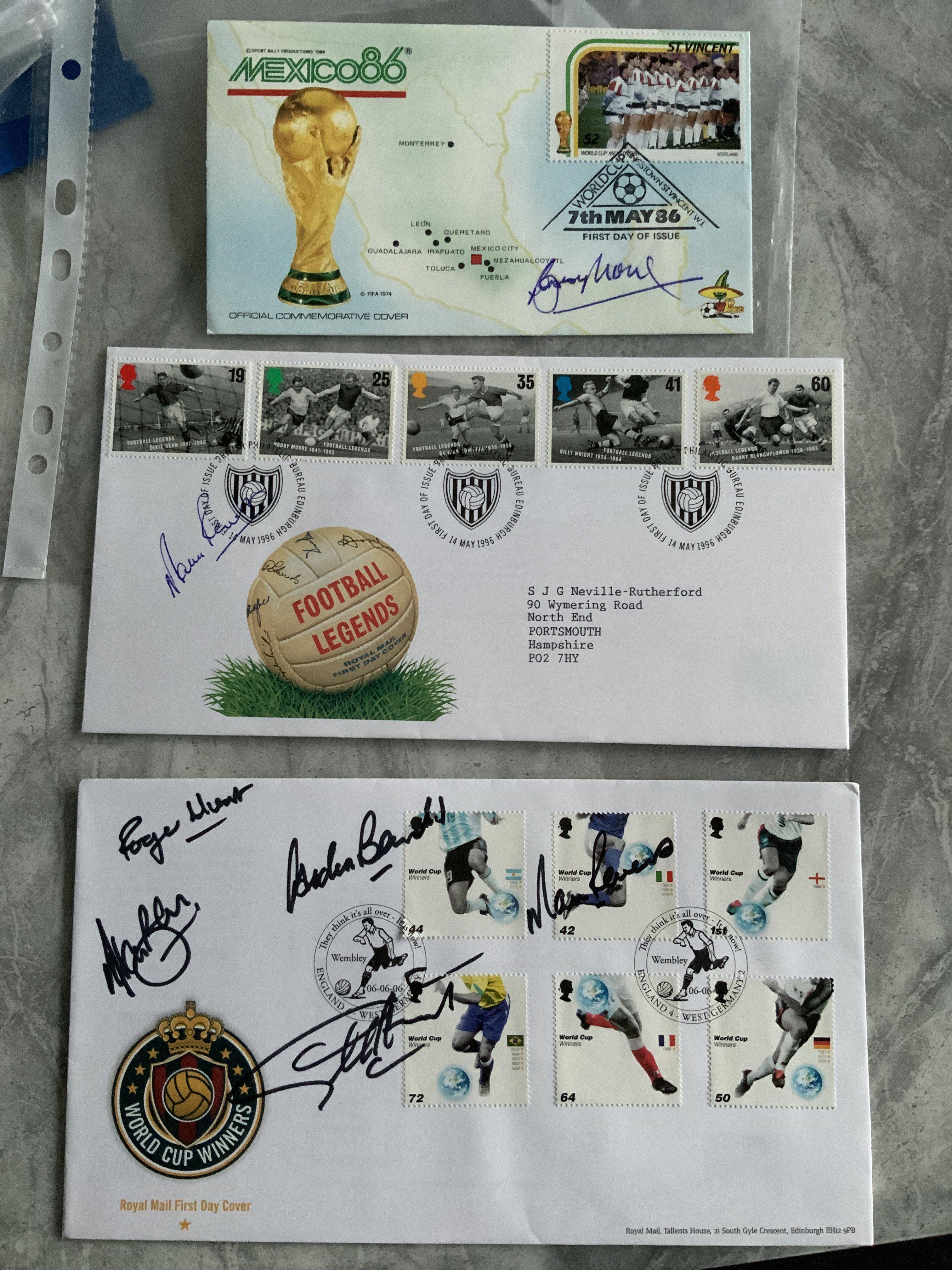 1966 England World Cup Autographs: First day covers one signed by Bobby Moore and a further by Martin Peters. The third is signed by Hurst Ball Hunt Banks and Peters. (3)