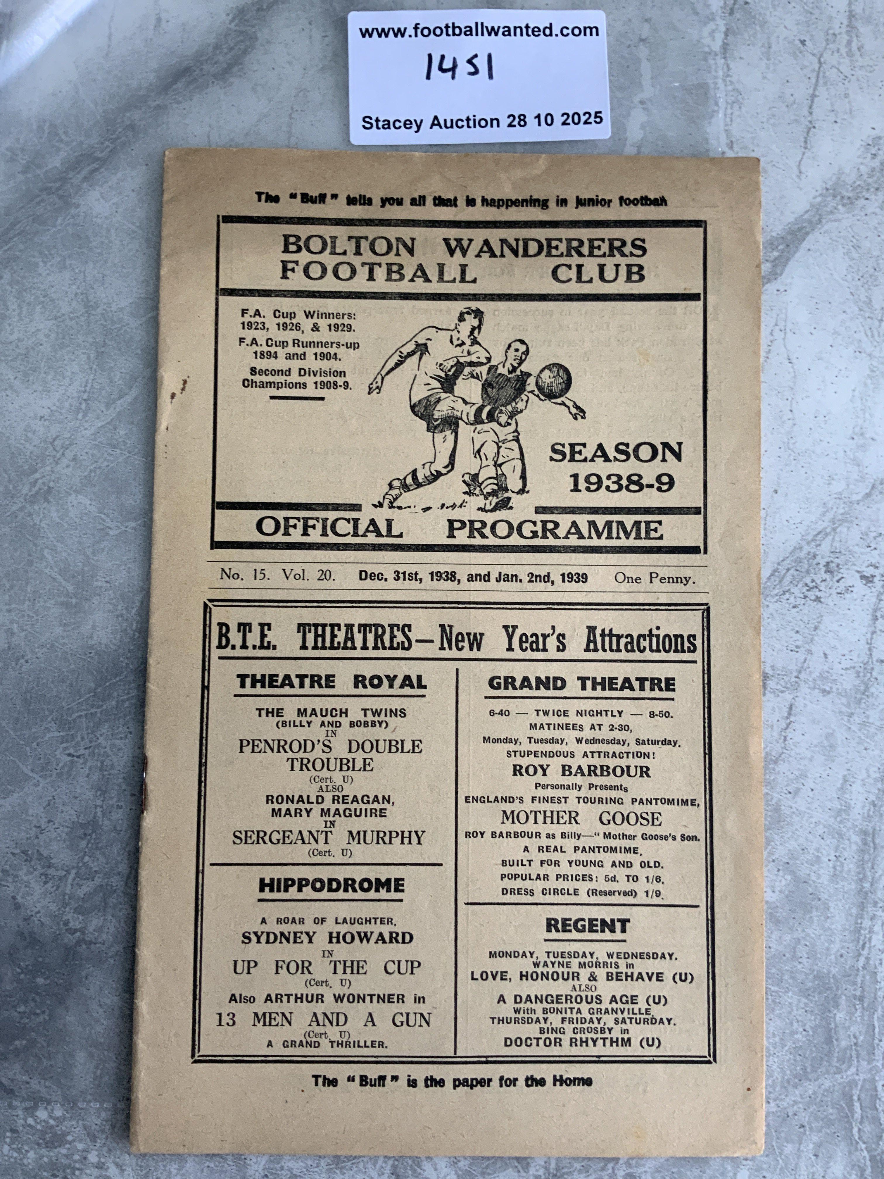 38/39 Bolton v Portsmouth + Stoke Football Programme: 1st Division matches in excellent condition with team changes. Joint programme covering new year period. (1)