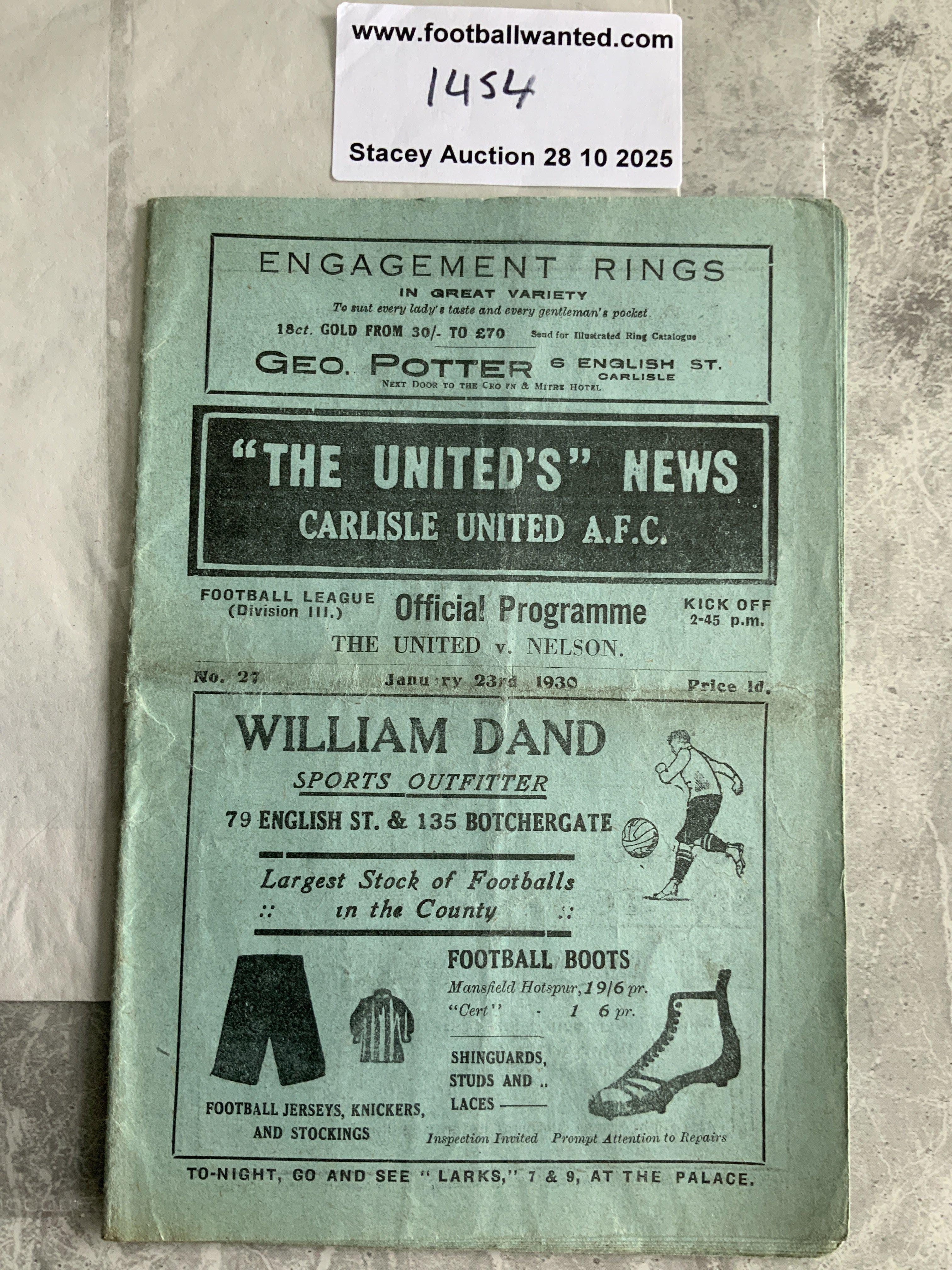 1929 - 1930 Carlisle United v Nelson Football Programme: 3rd Division North match in good condition with one team change. Fold. Dated 23 1 1930 and is the played match not the postponed from December.