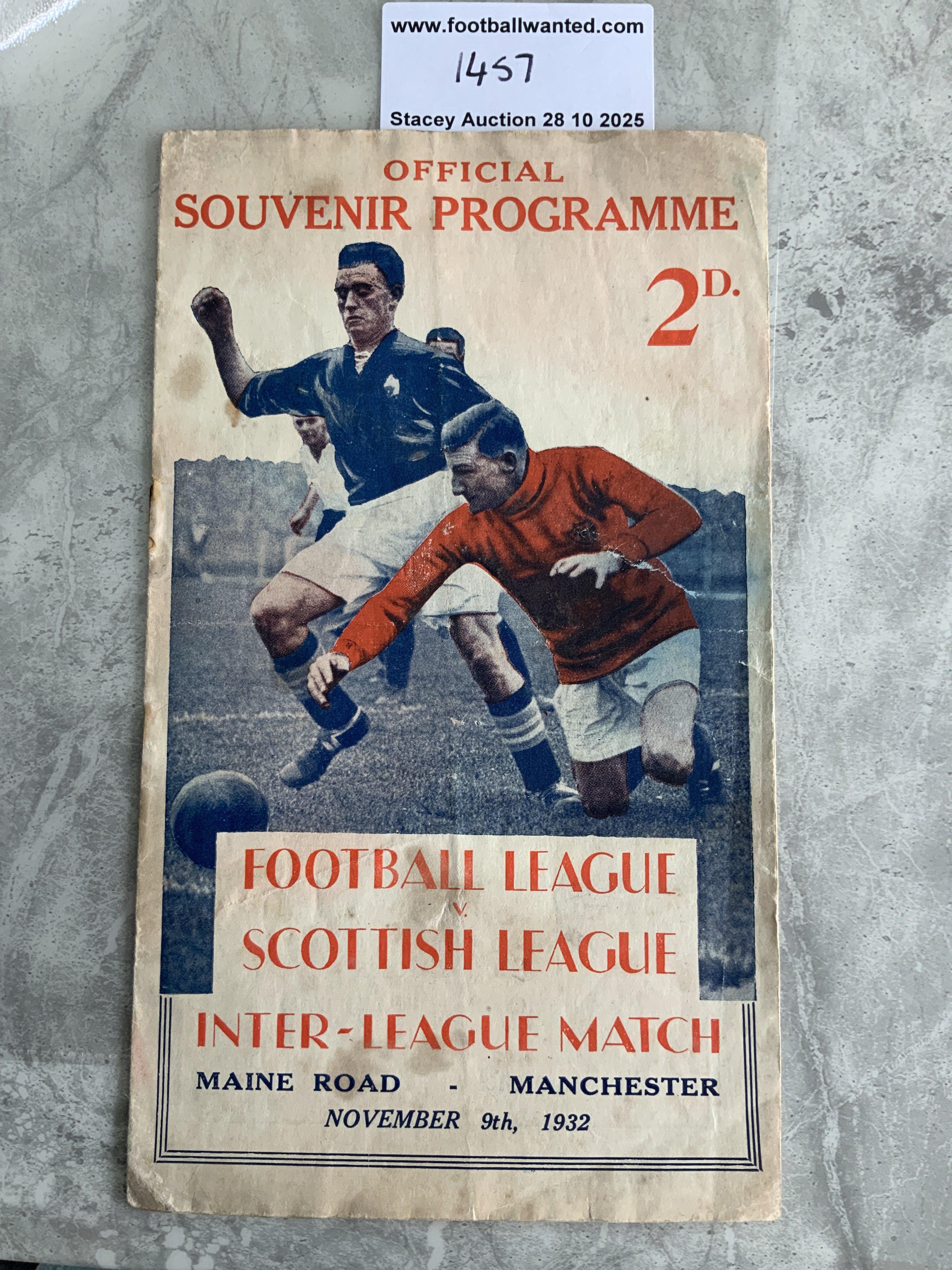 32/33 Football League v Scottish League Football Programme: Inter League match played at Manchester City in fair condition with no team changes. Few marks and one rusty staple holding the other missing.