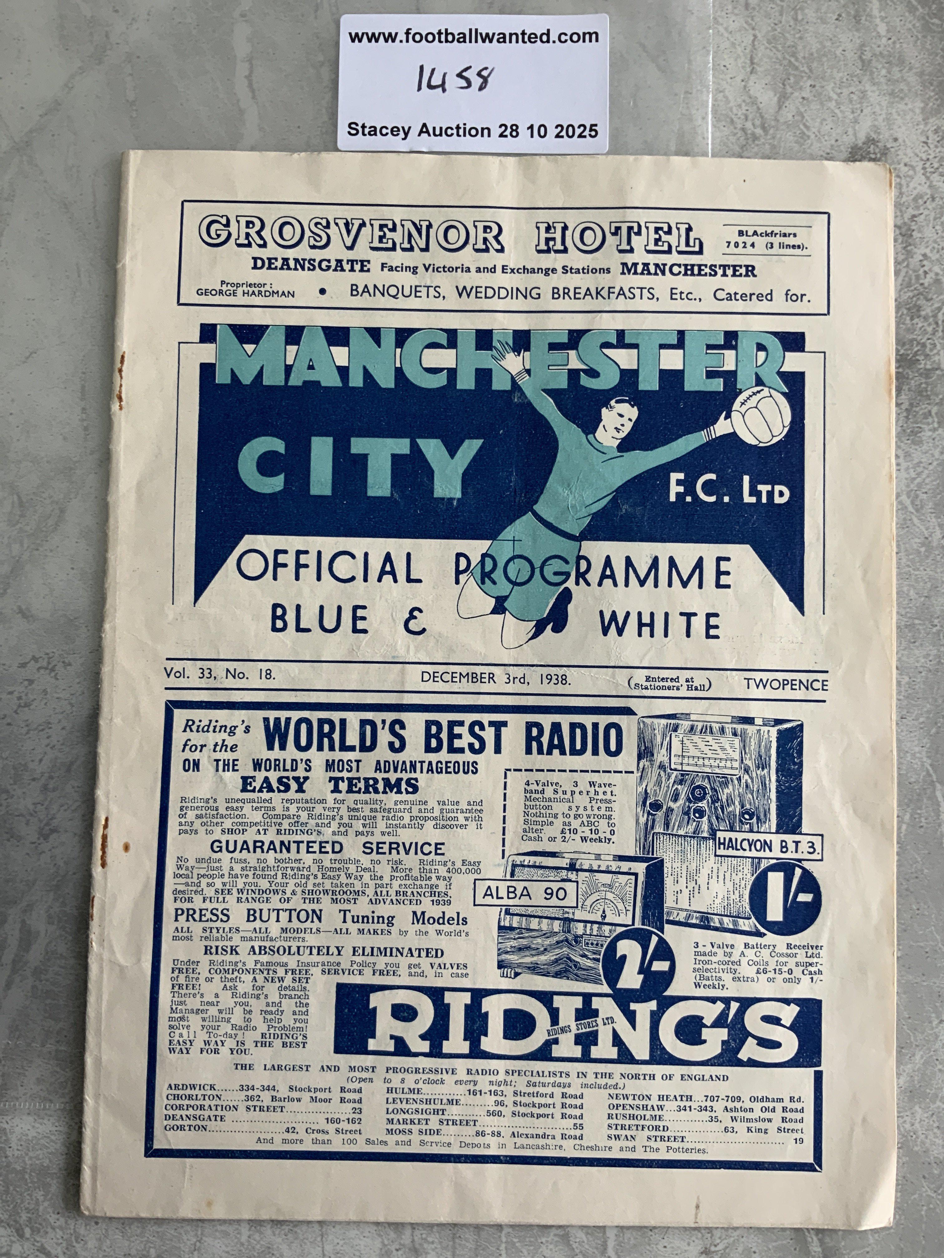 38/39 Manchester City v Newcastle United Football Programme: 2nd Division match in good condition with no team changes.