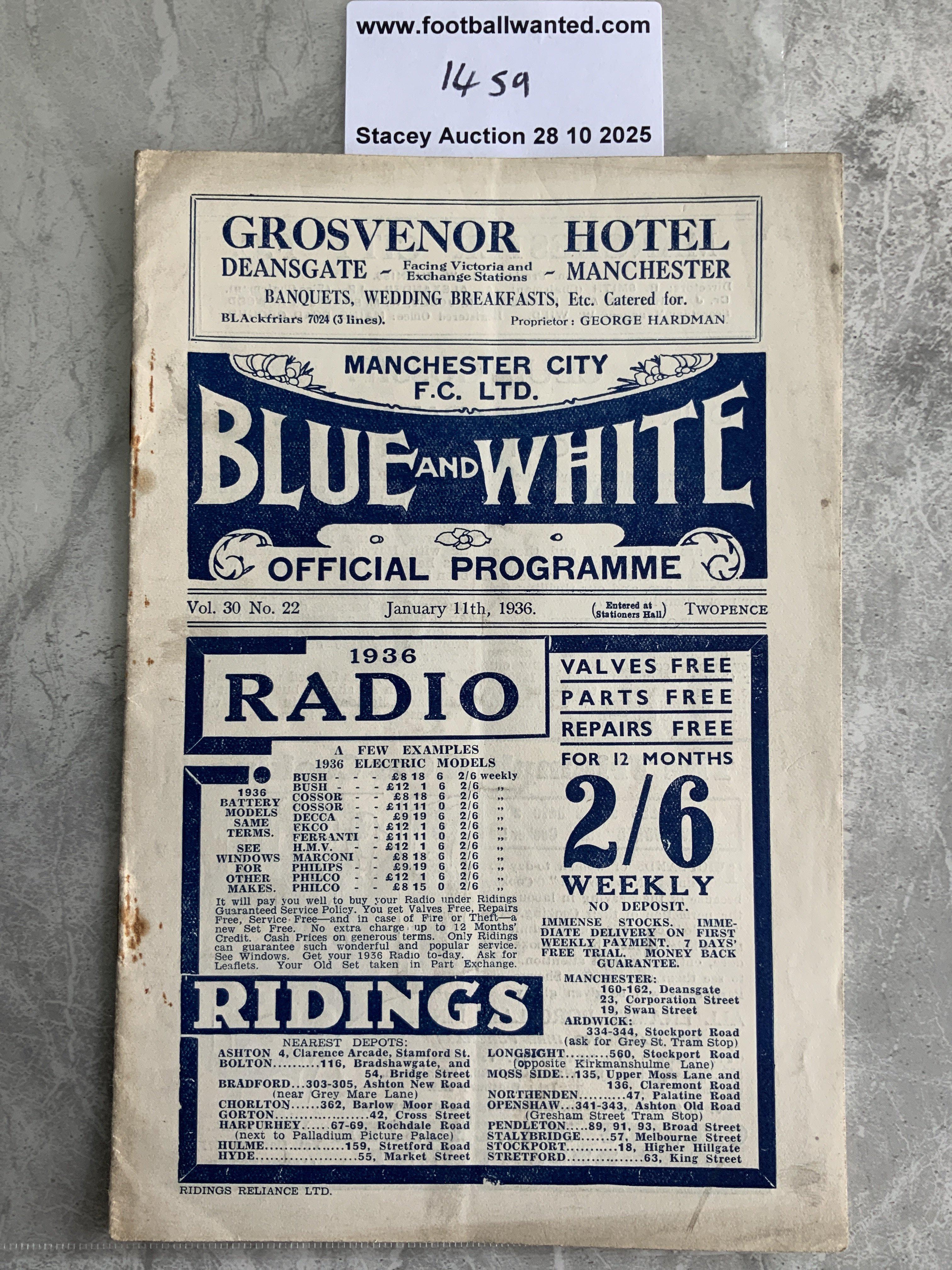 35/36 Manchester City v Portsmouth Football Programme: FA Cup match in good condition with pencilled team changes. Rusty staples holding firm.
