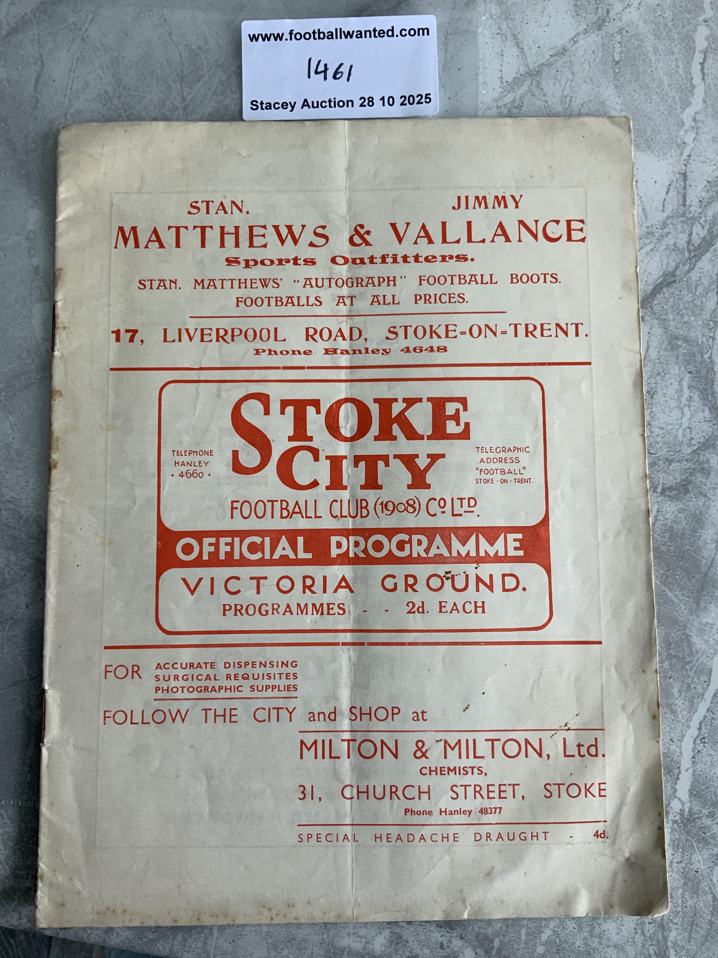 36/37 Stoke City v Charlton Football Programme: 1st Division match in good condition with no team changes. Charlton were runners up. Pen marks to rear cover.