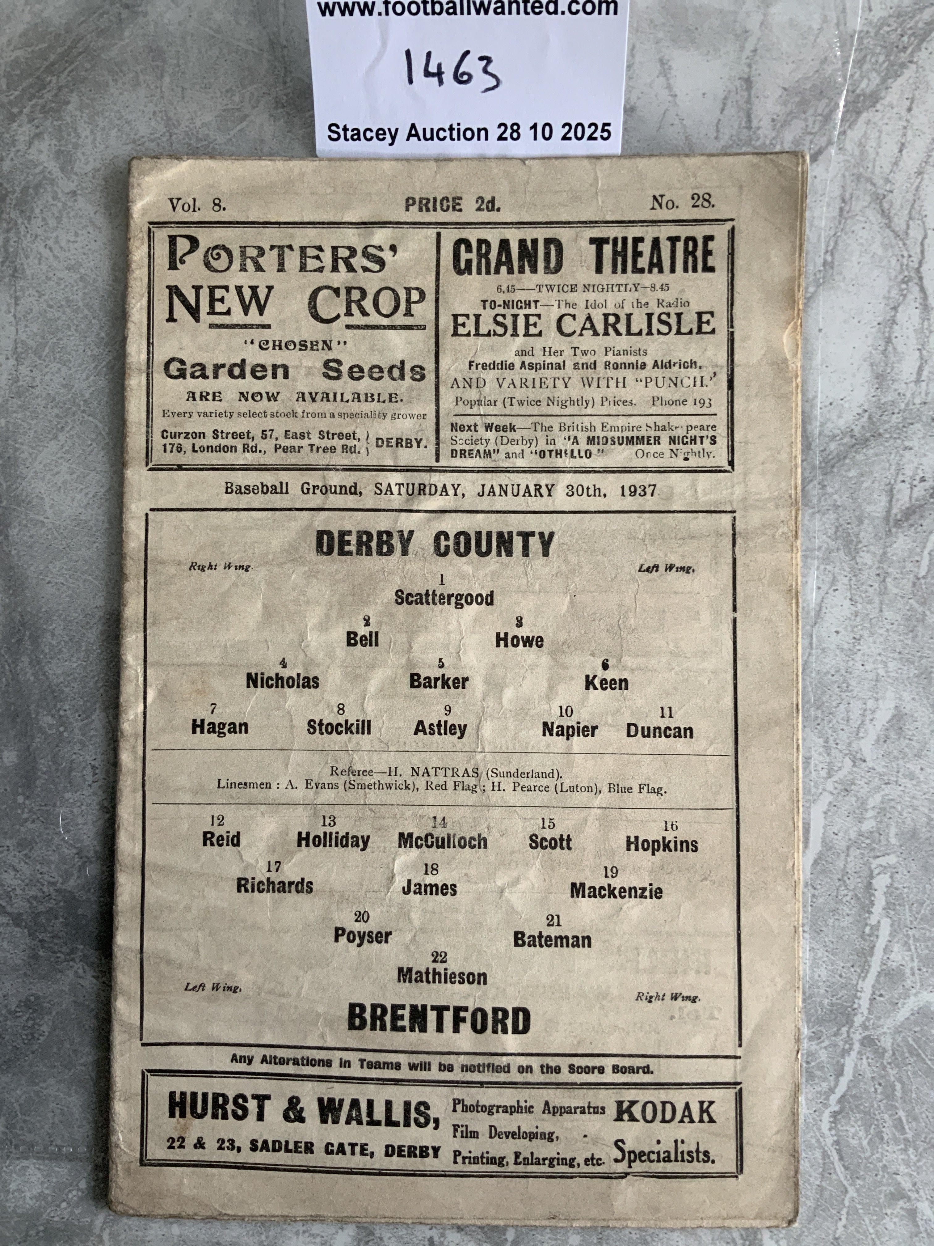 36/37 Derby County v Brentford Football Programme: FA Cup match in good condition with no team changes.