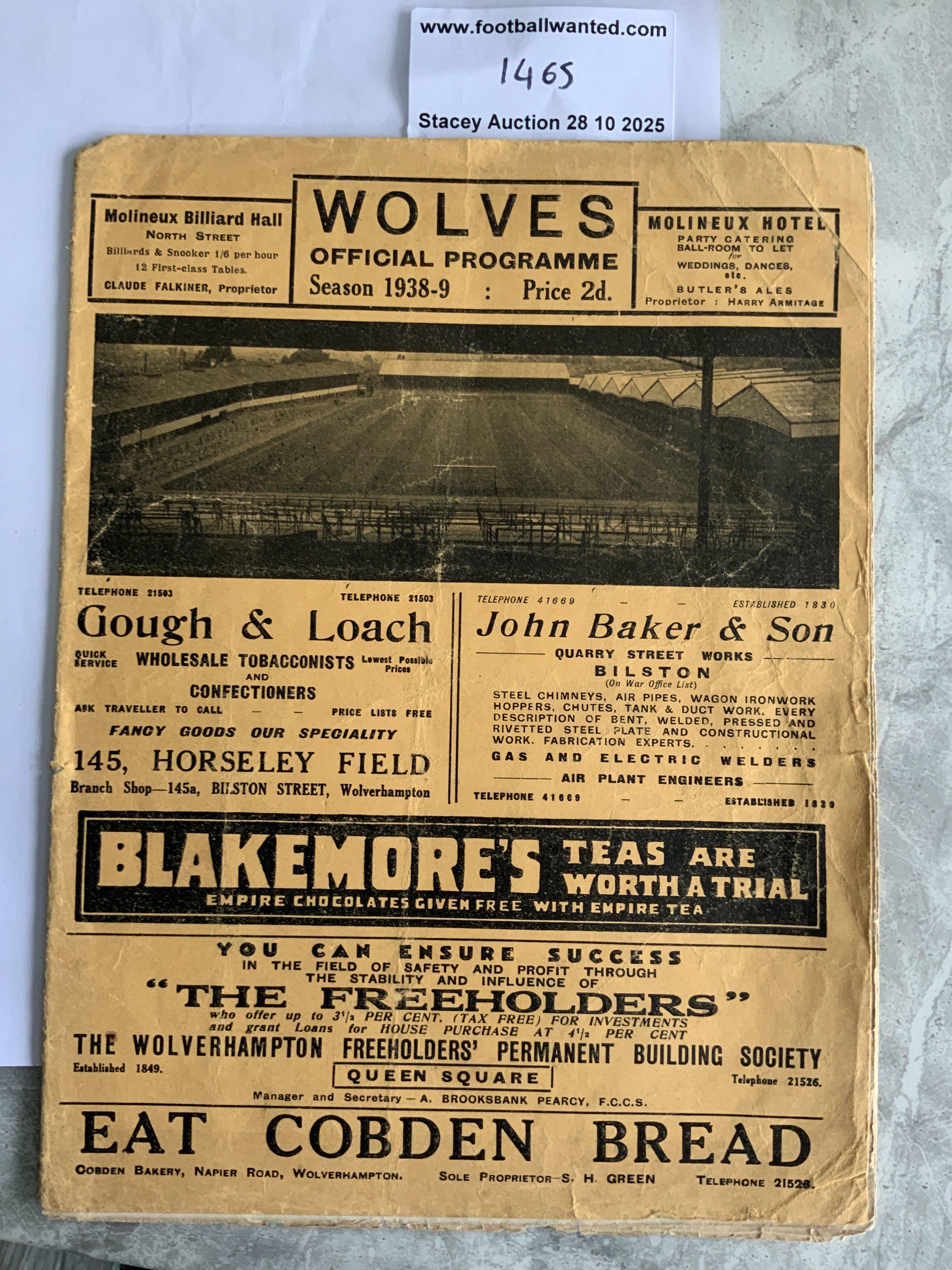 38/39 Wolves v Aston Villa Football Programme: 1st Division match in good condition with no team changes. Staple removed not rotted away.