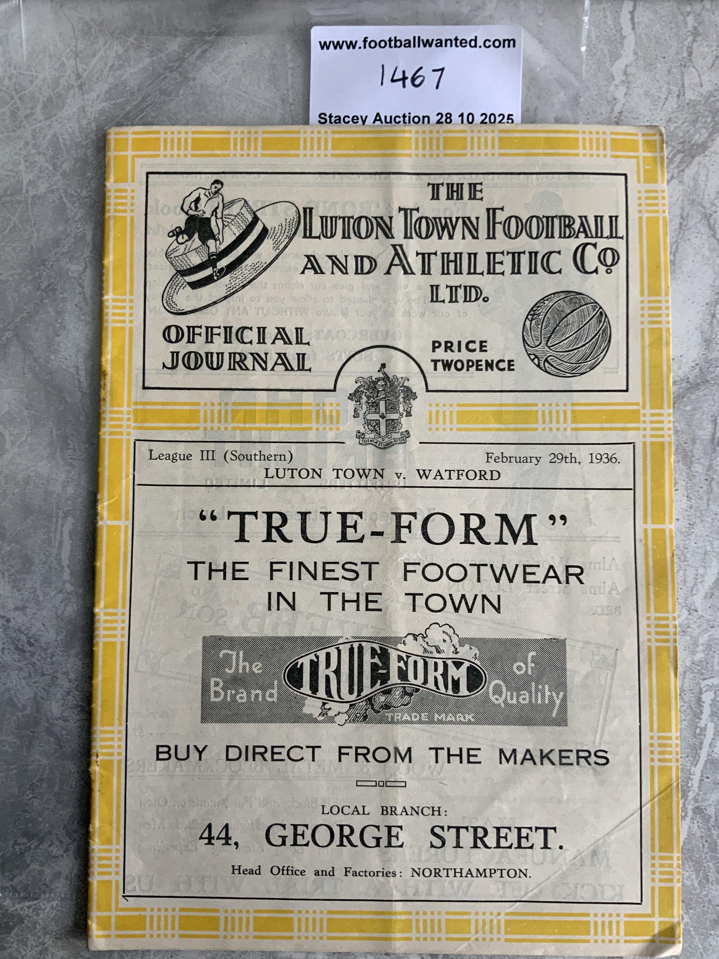 35/36 Luton Town v Watford Football Programme: 3rd Division South match in excellent condition with no team changes.