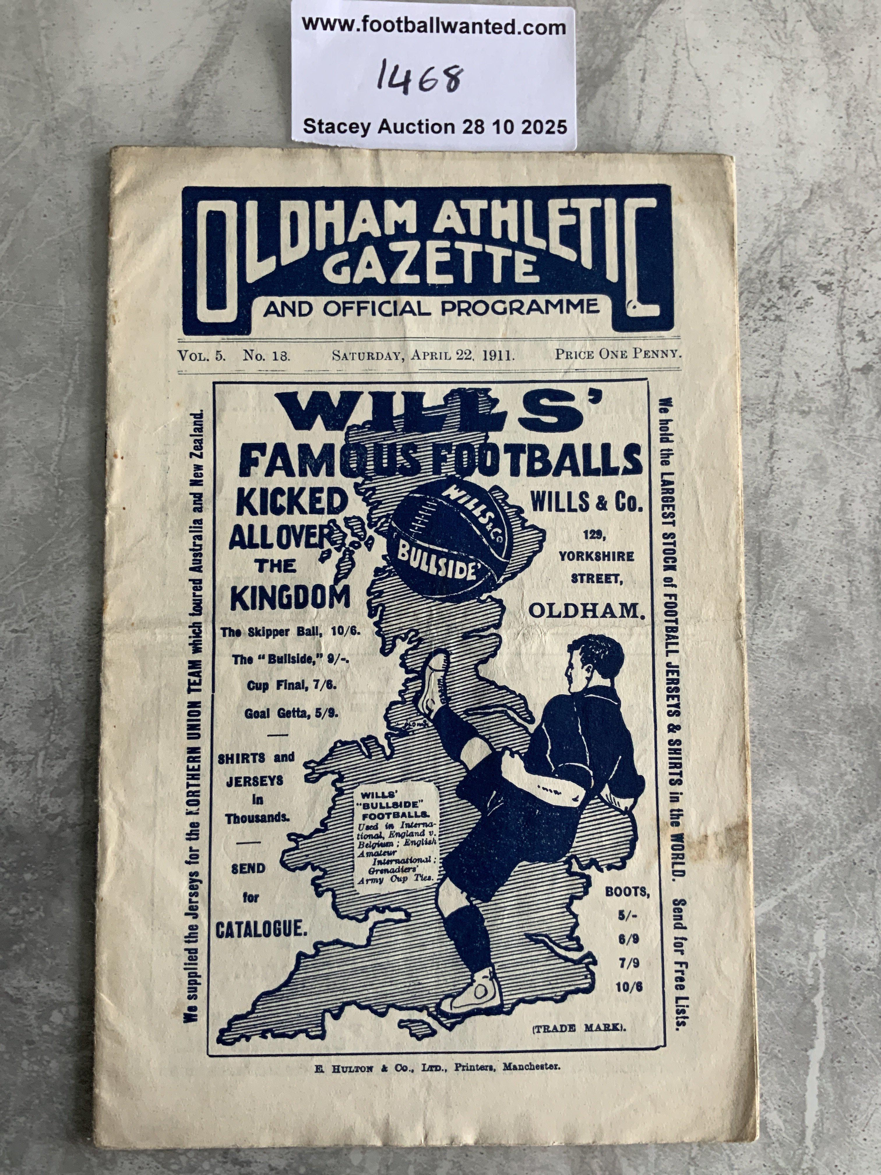 1910 - 1911 Oldham v Bury Football Programme: 1st Division match in very good condition with no team changes.