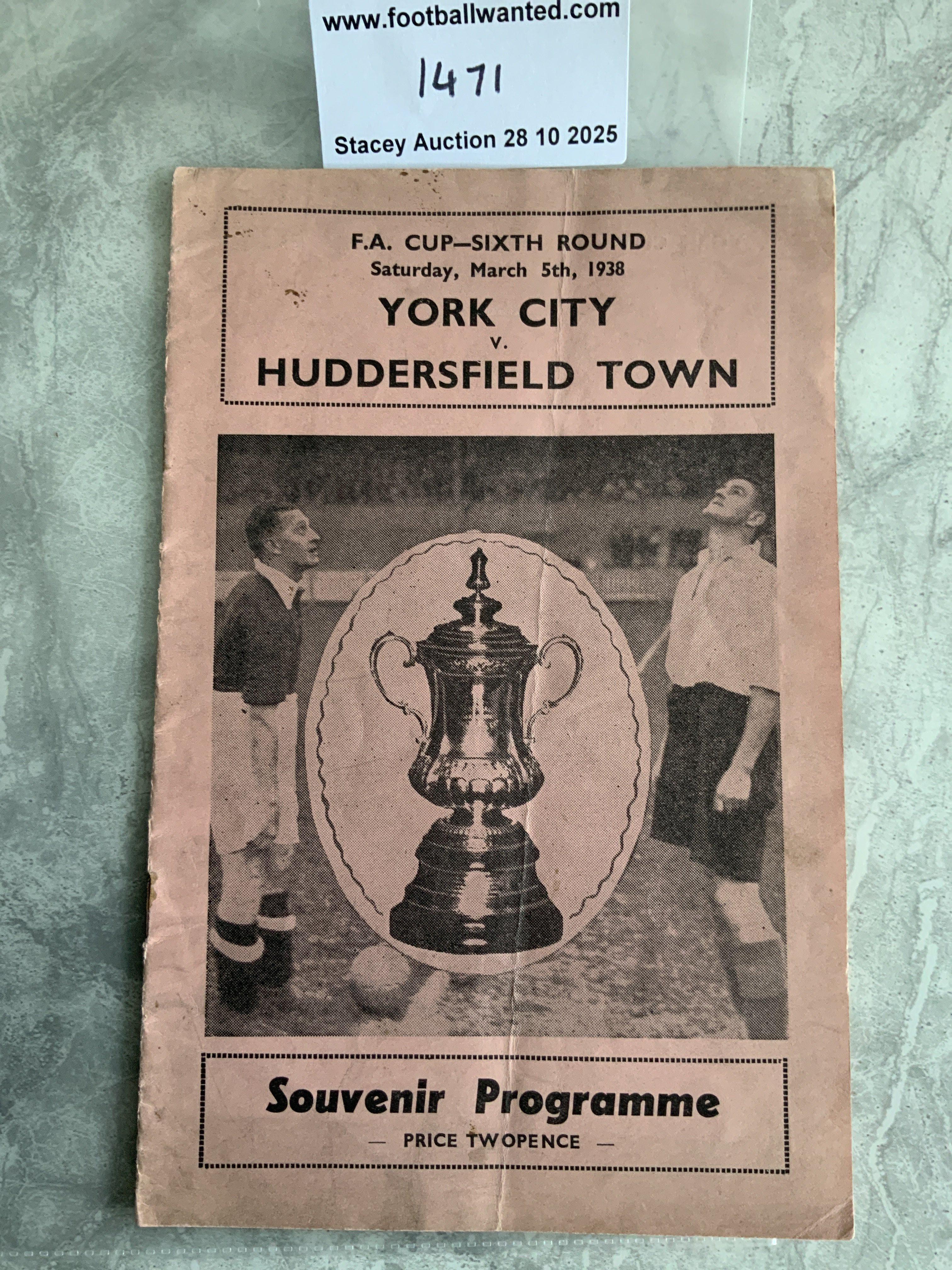 37/38 York City v Huddersfield Town Football Programme: FA Cup match in good condition with no team changes. Fold. Rusty staples holding firm. Huddersfield got to the final.