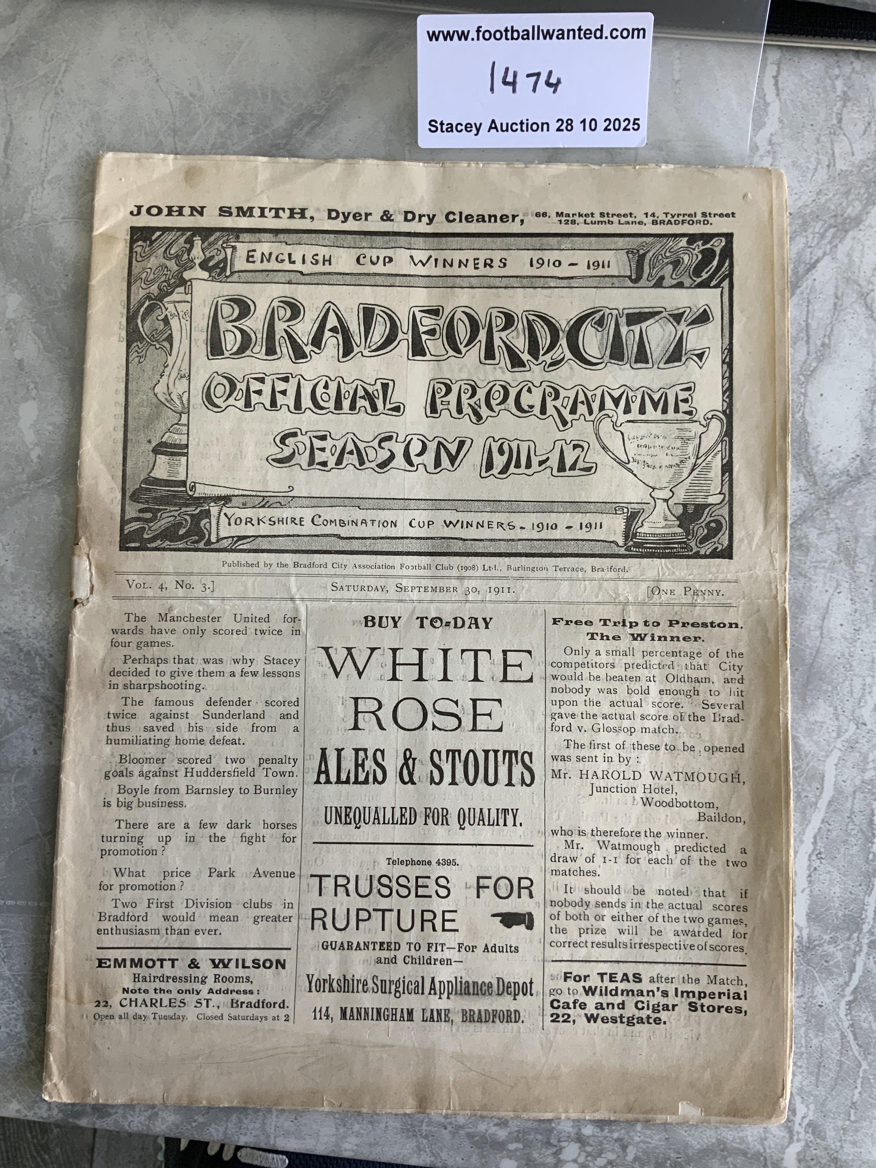 1911 - 1912 Bradford City v Bolton Football Programme: 1st Division match in fair condition with no team changes. Rusty staple making cover loose. Tear along spine inside and writing inside.