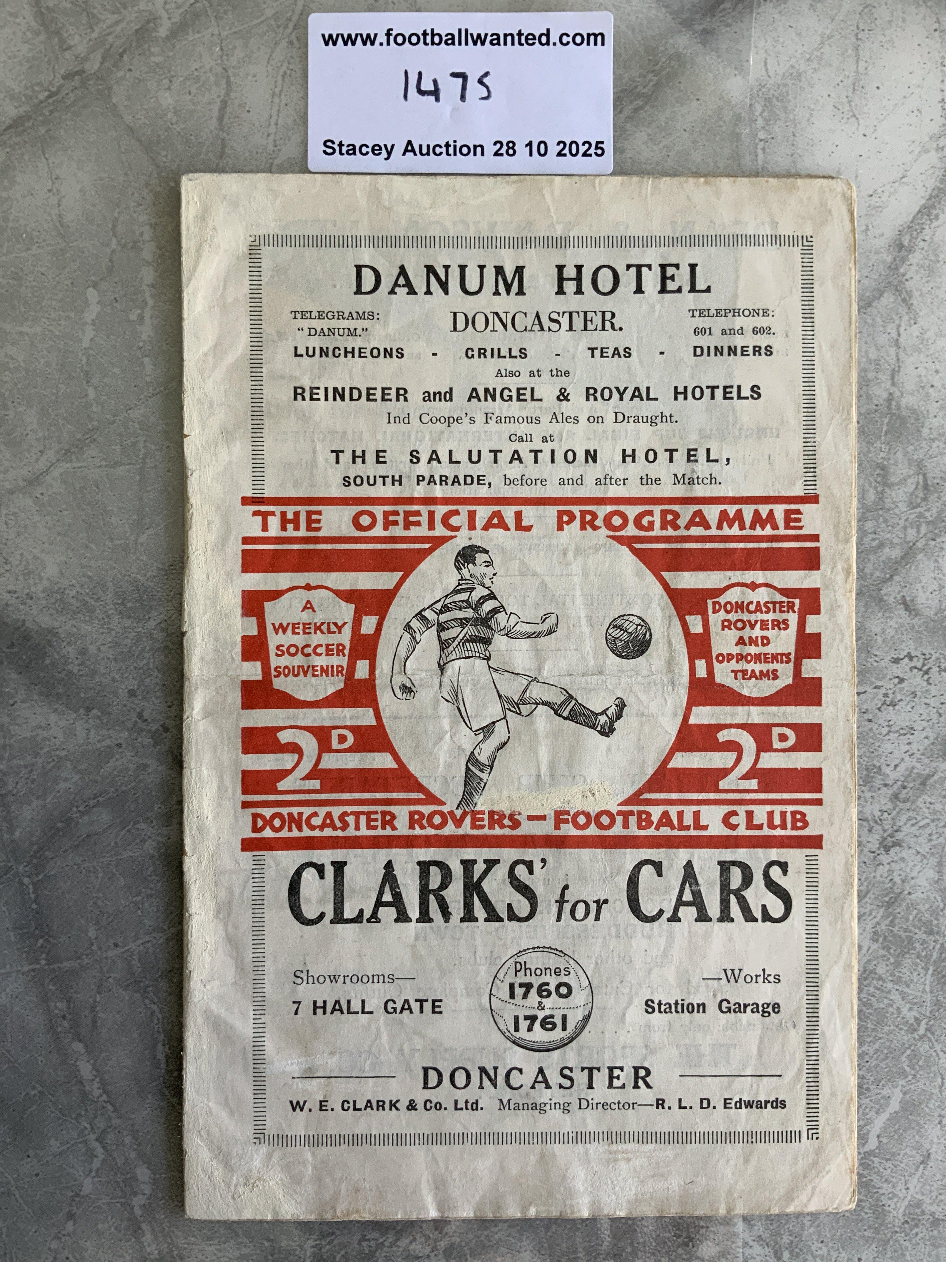 35/36 Doncaster Rovers v Burnley Football Programme: 2nd Division match in excellent condition with no team changes.