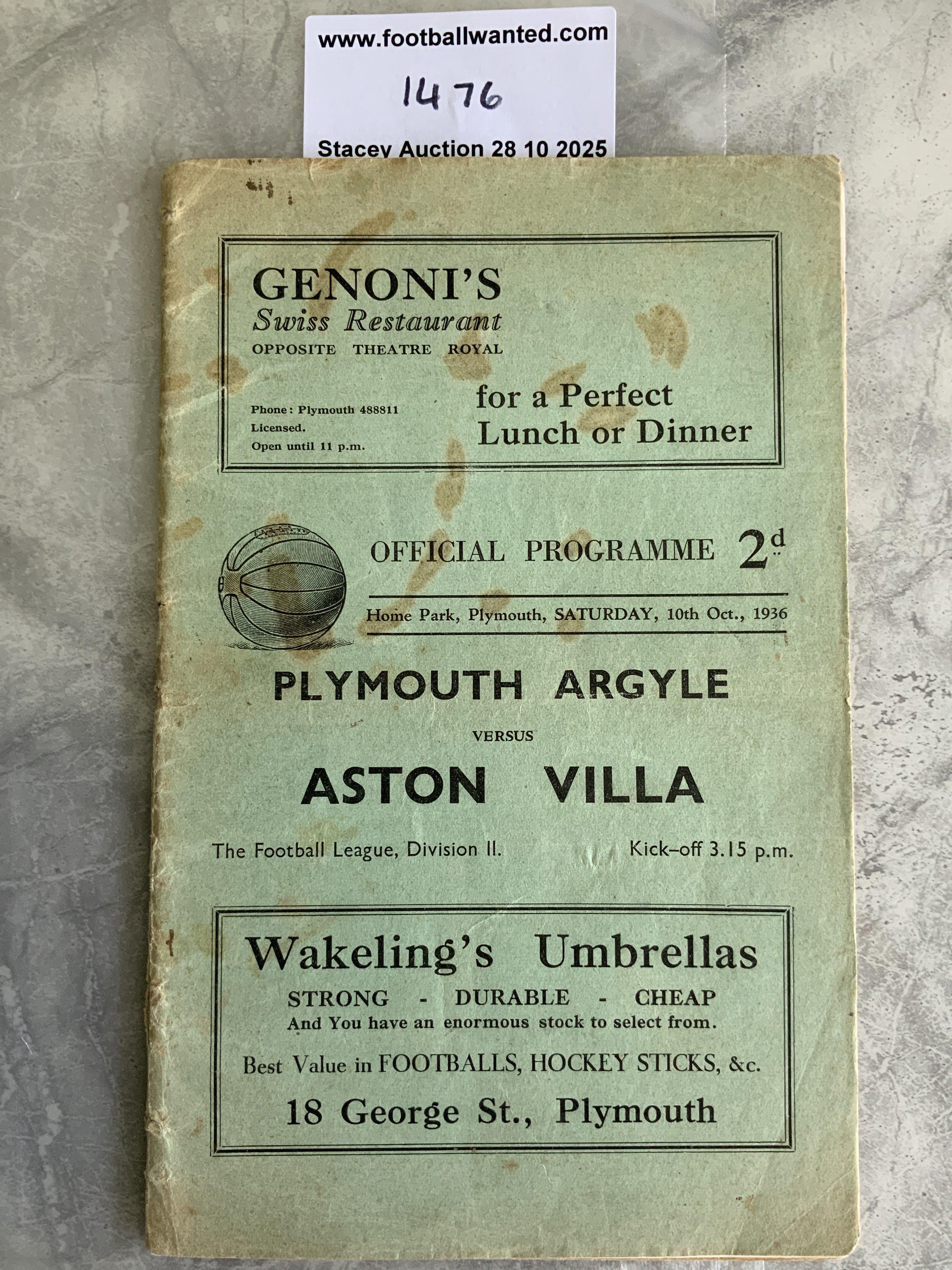 36/37 Plymouth v Aston Villa Football Programme: 2nd Division match in fair condition with no team changes. Staining to cover.