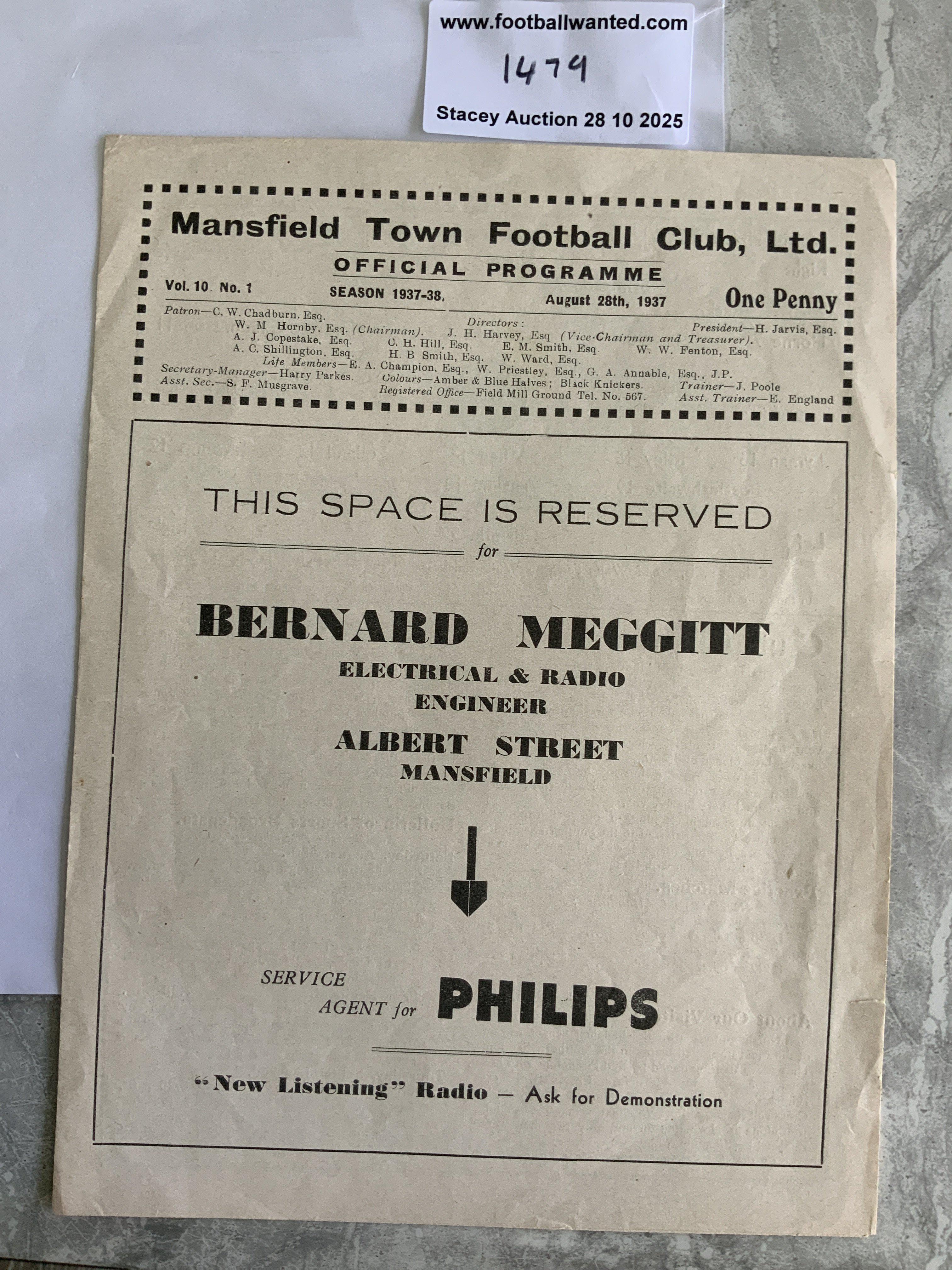 37/38 Mansfield Town v Northampton Football Programme: 3rd Division South match in excellent condition with no team changes.