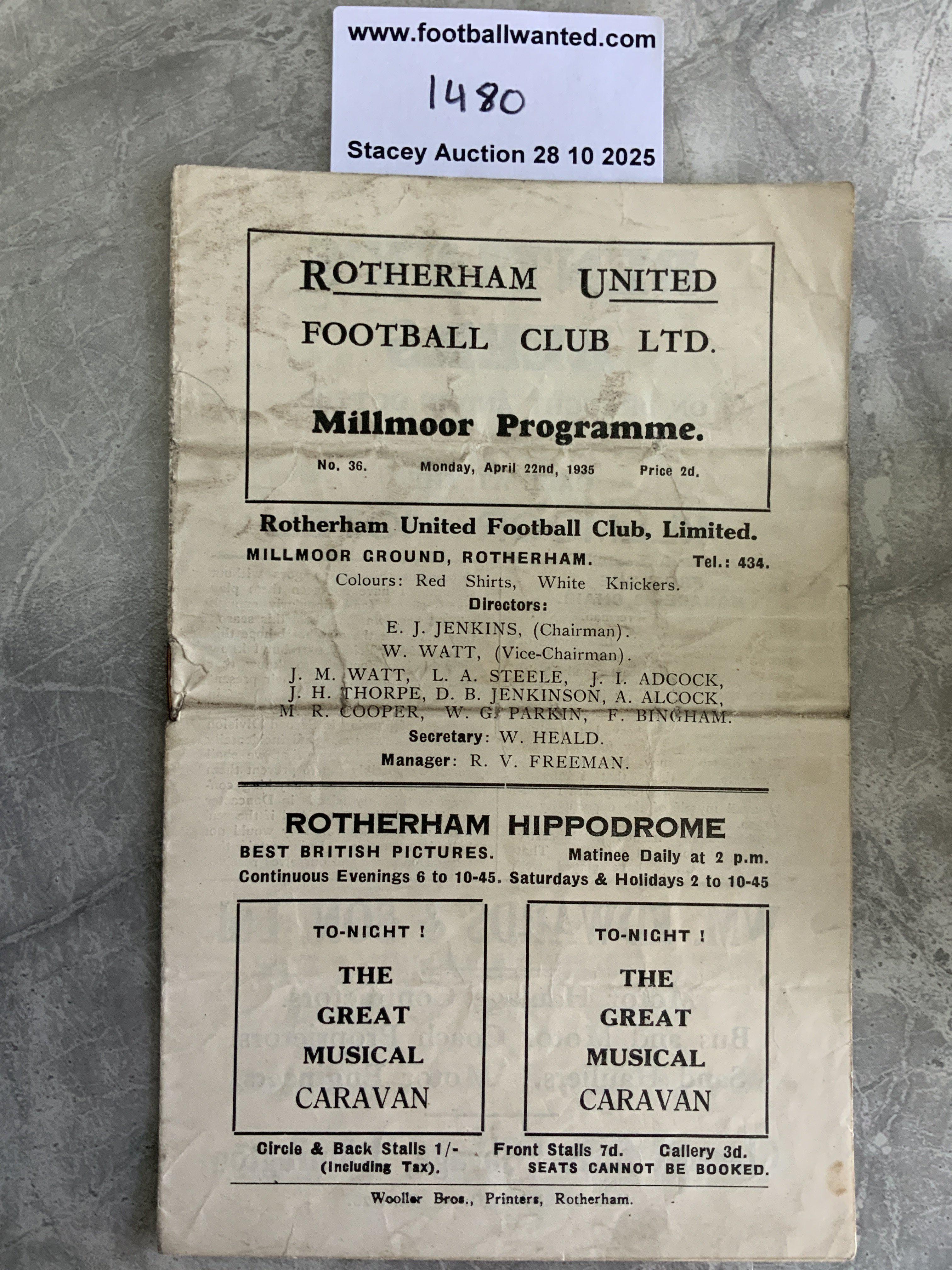 35/36 Rotherham v Doncaster Rovers Football Programme: 3rd Division North match in fair condition with no team changes. Heavy fold and half times filled out to rear.