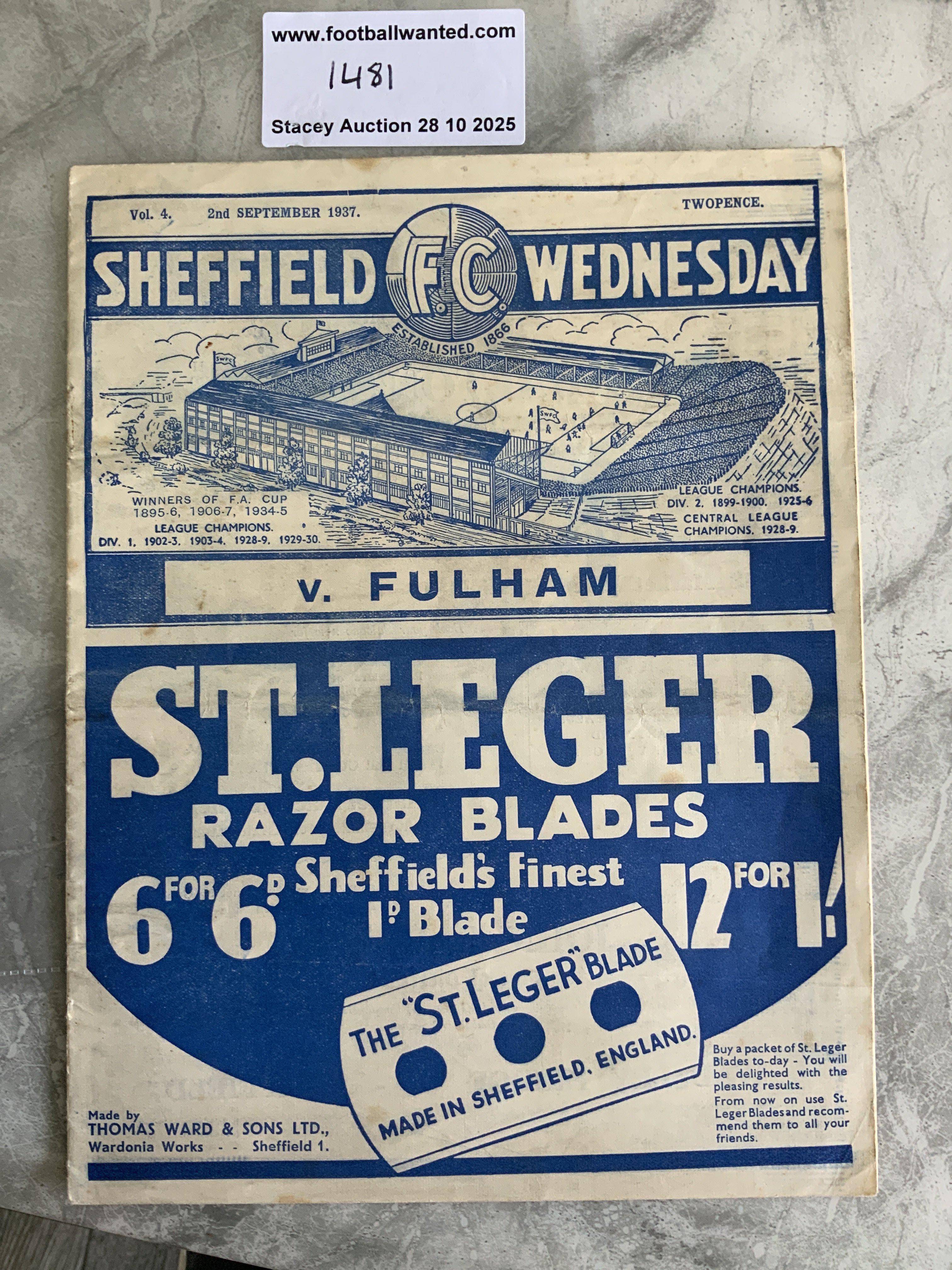 37/38 Sheffield Wednesday v Fulham Football Programme: 2nd Division match in good condition with no team changes. Rusty staples holding firm.