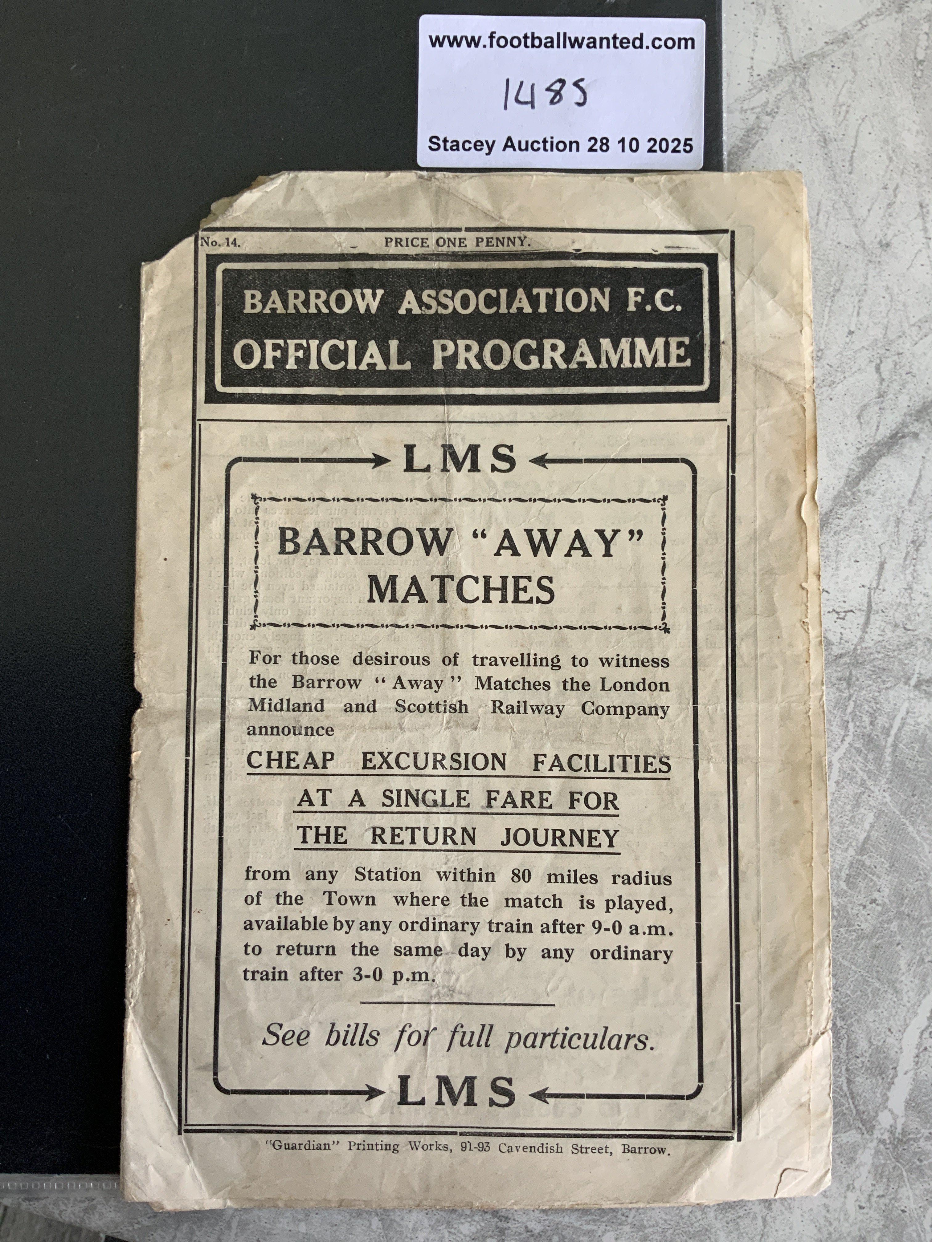 30/31 Barrow v Darlington Football Programme: 3rd Division North match in poor/fair condition with no team changes. Piece missing. See online photos.