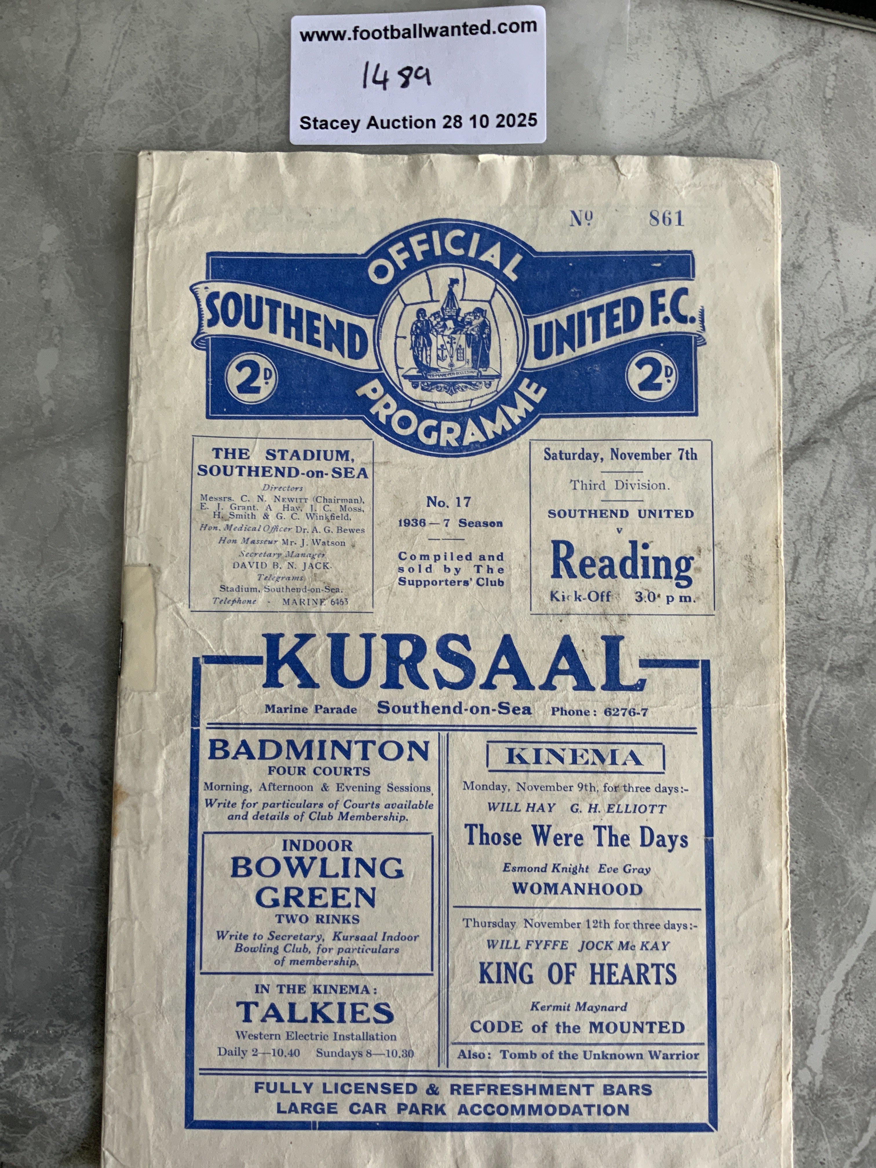 36/37 Southend United v Reading Football Programme: 3rd Division South match in fair condition with no team changes. Repair at rusty staple area.