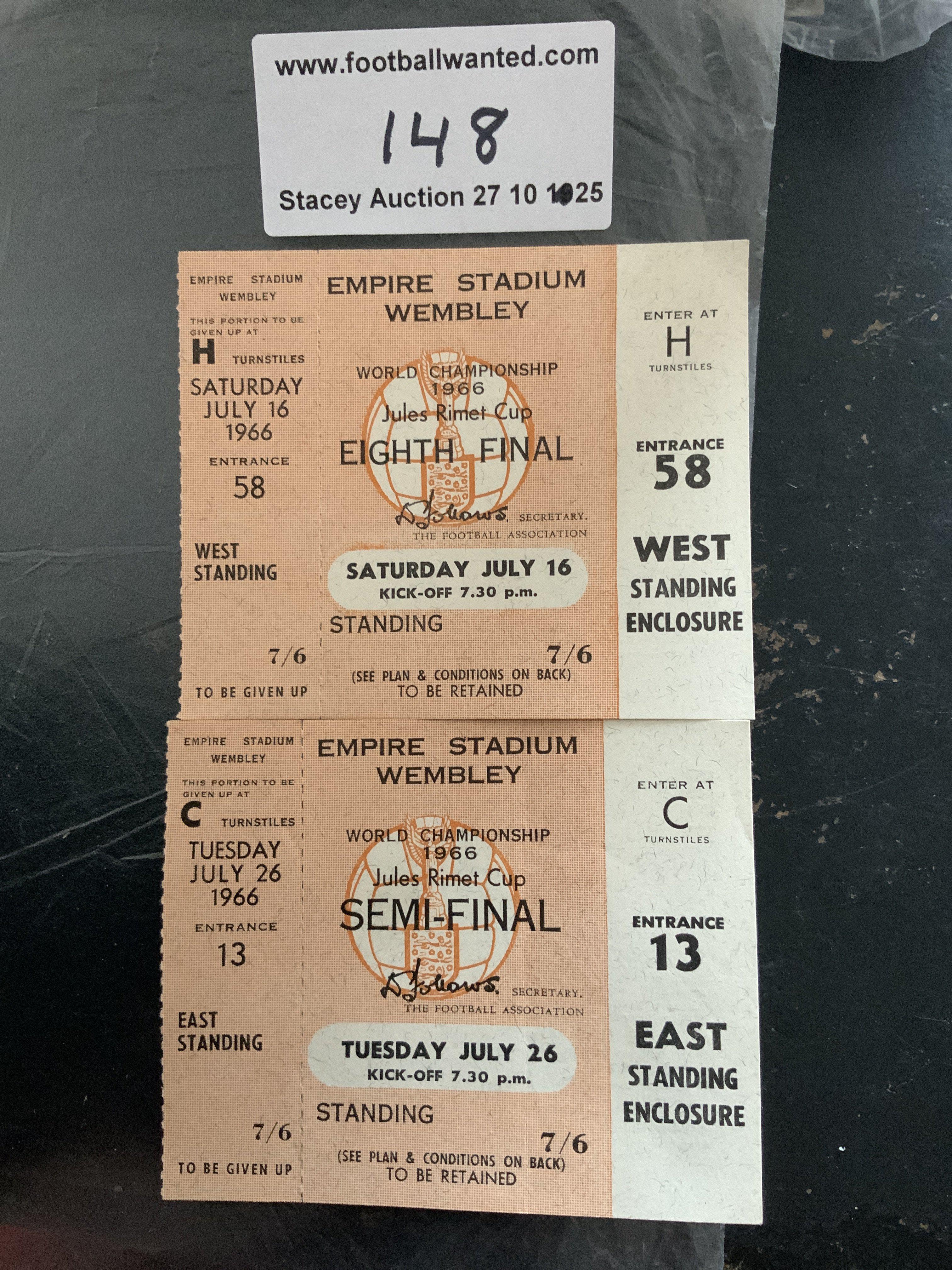 1966 World Cup Unused Football Tickets: England v Portugal semi final and Mexico both very good with counterfoil attached. (2)