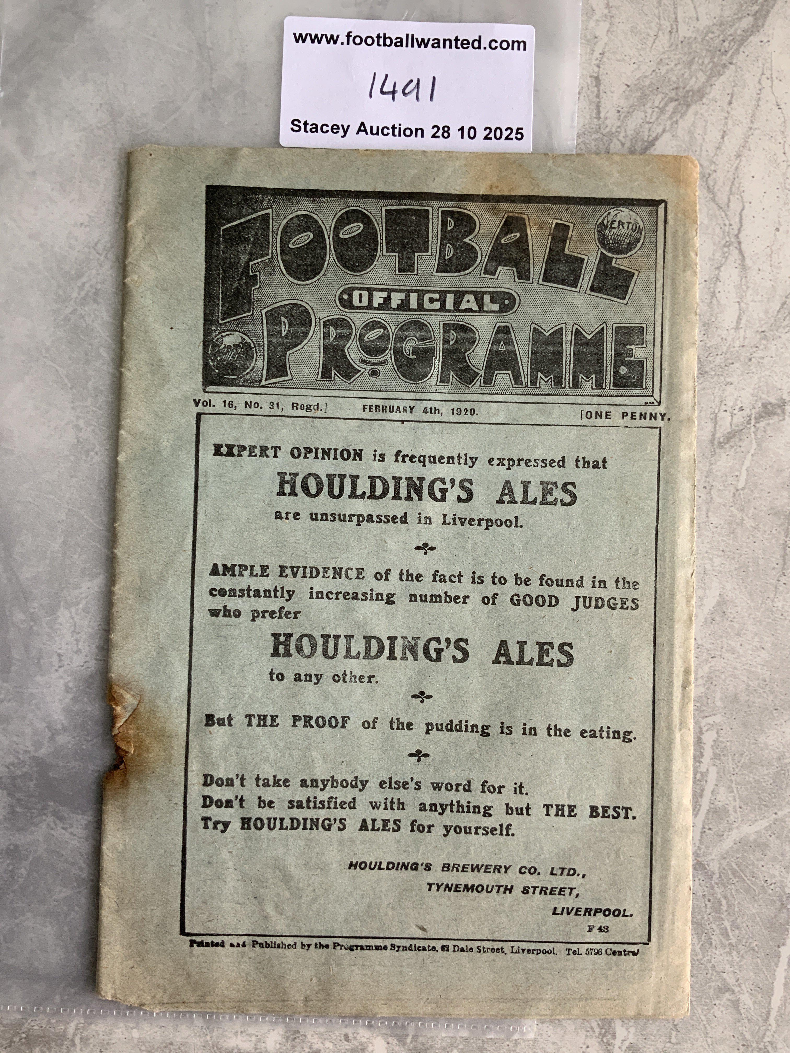 1919 - 1920 Liverpool v Bolton Football Programme: 1st Division match in fair condition with no team changes. Staple rotted away leaving hole.