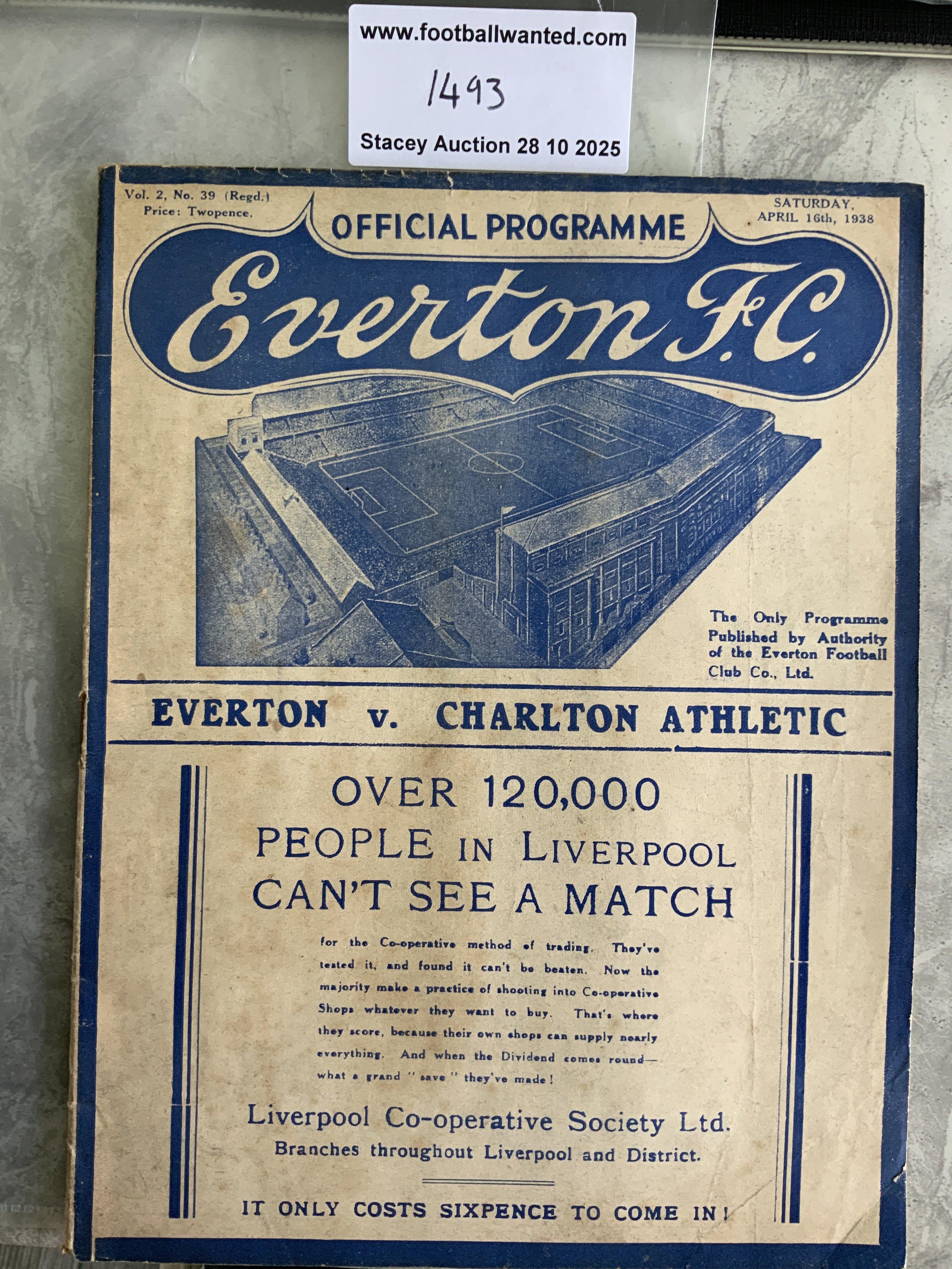 37/38 Everton v Charlton Football Programme: 1st Division match in good condition with no team changes.