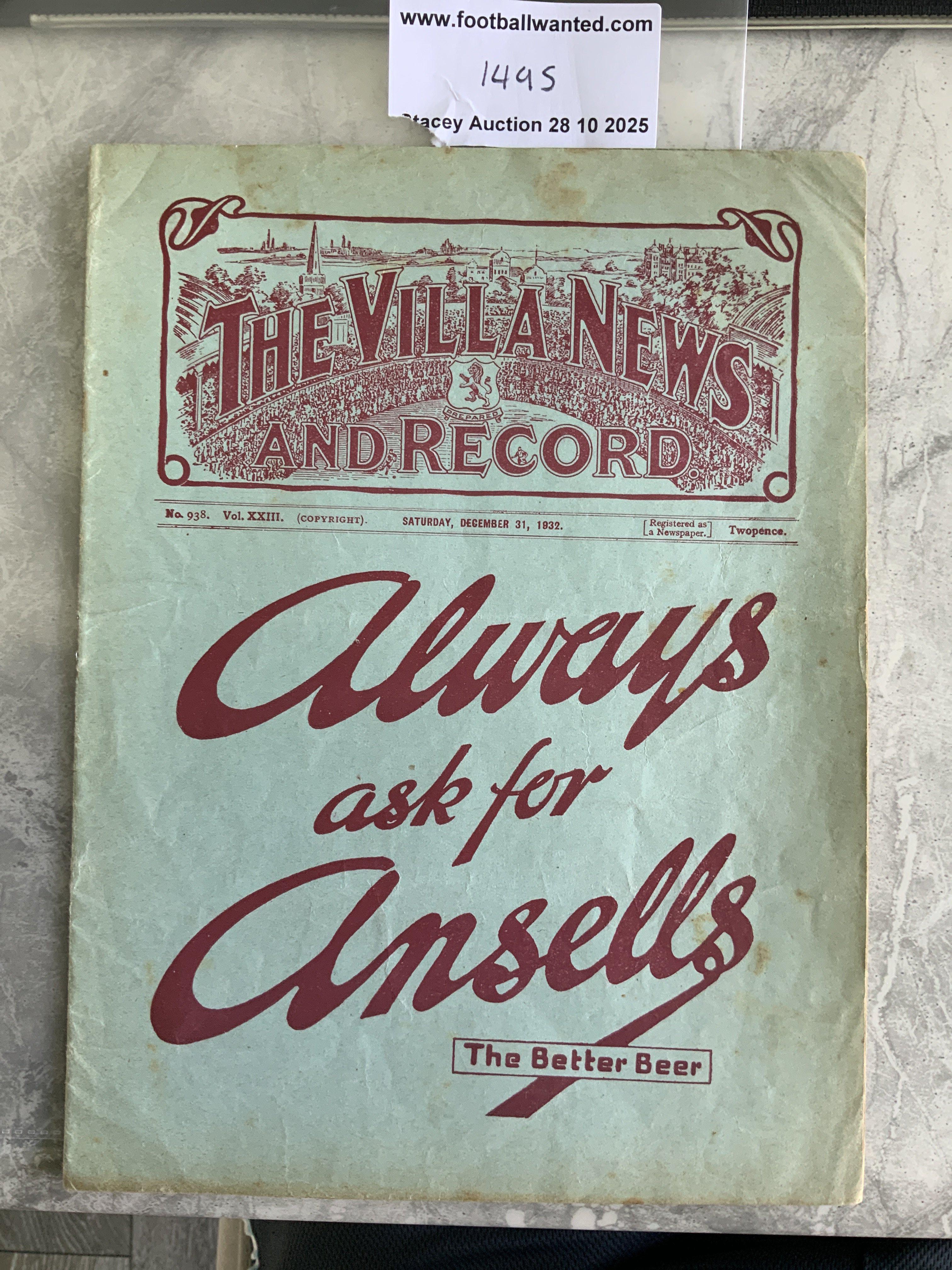 32/33 Aston Villa v Middlesbrough Football Programme: 1st Division match in good condition with no team changes.