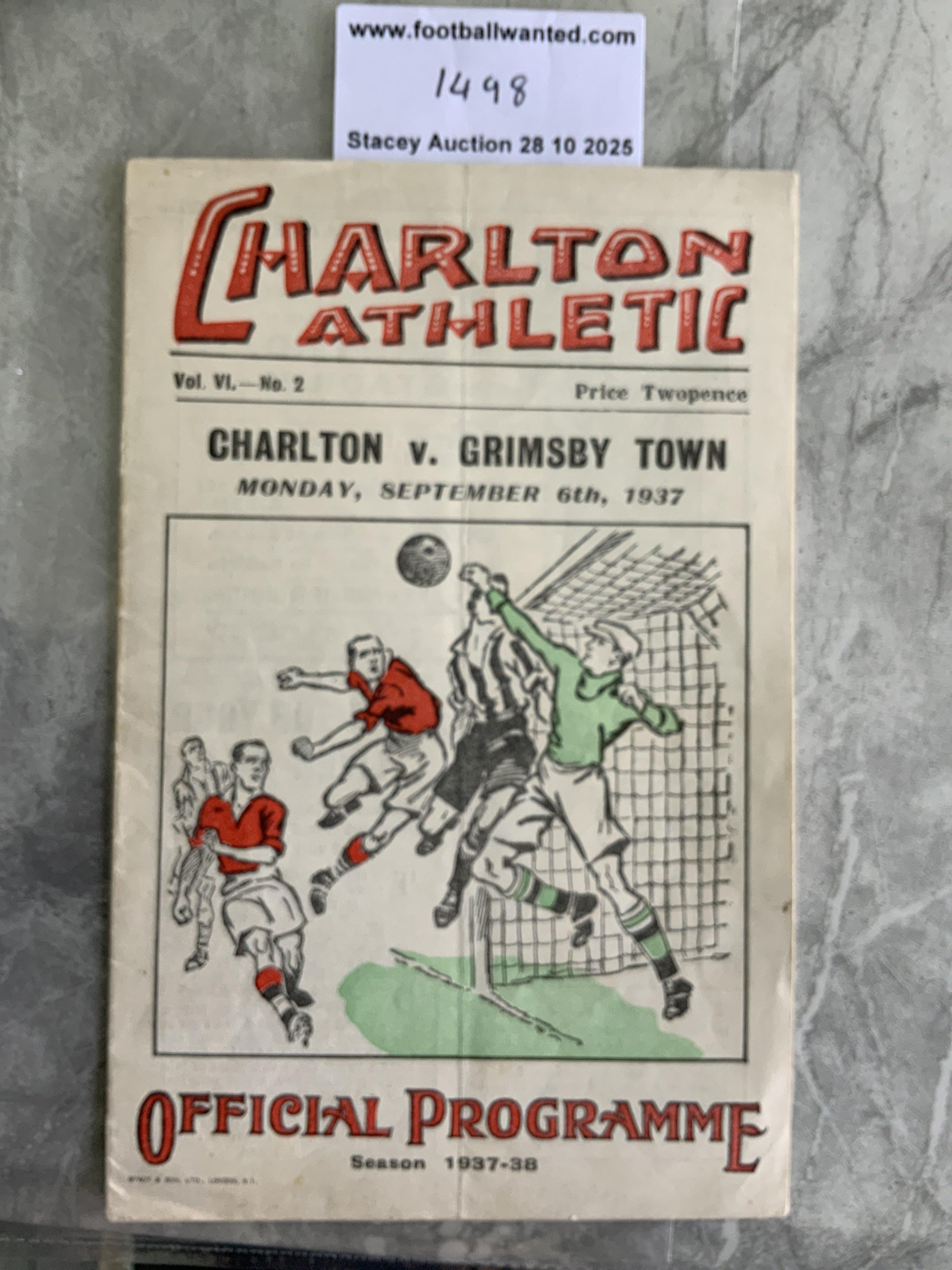37/38 Charlton v Grimsby Town Football Programme: 1st Division match in very good condition with no team changes. Staple removed not rotted away.