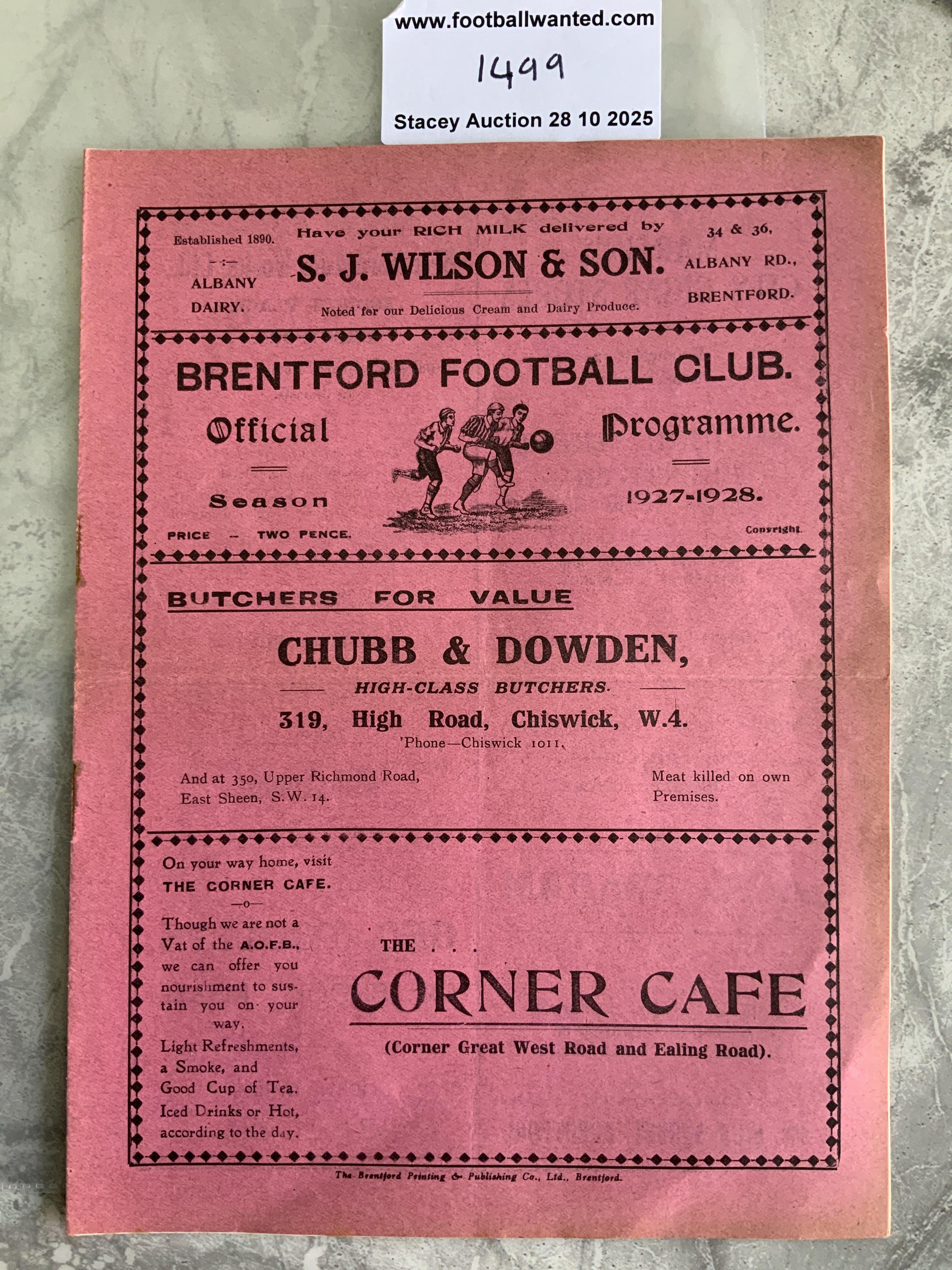 1927 - 1928 Brentford v Bristol Rovers Football Programme: 3rd Division South match in very good condition with one pencilled team change. Staple removed not rotted away.
