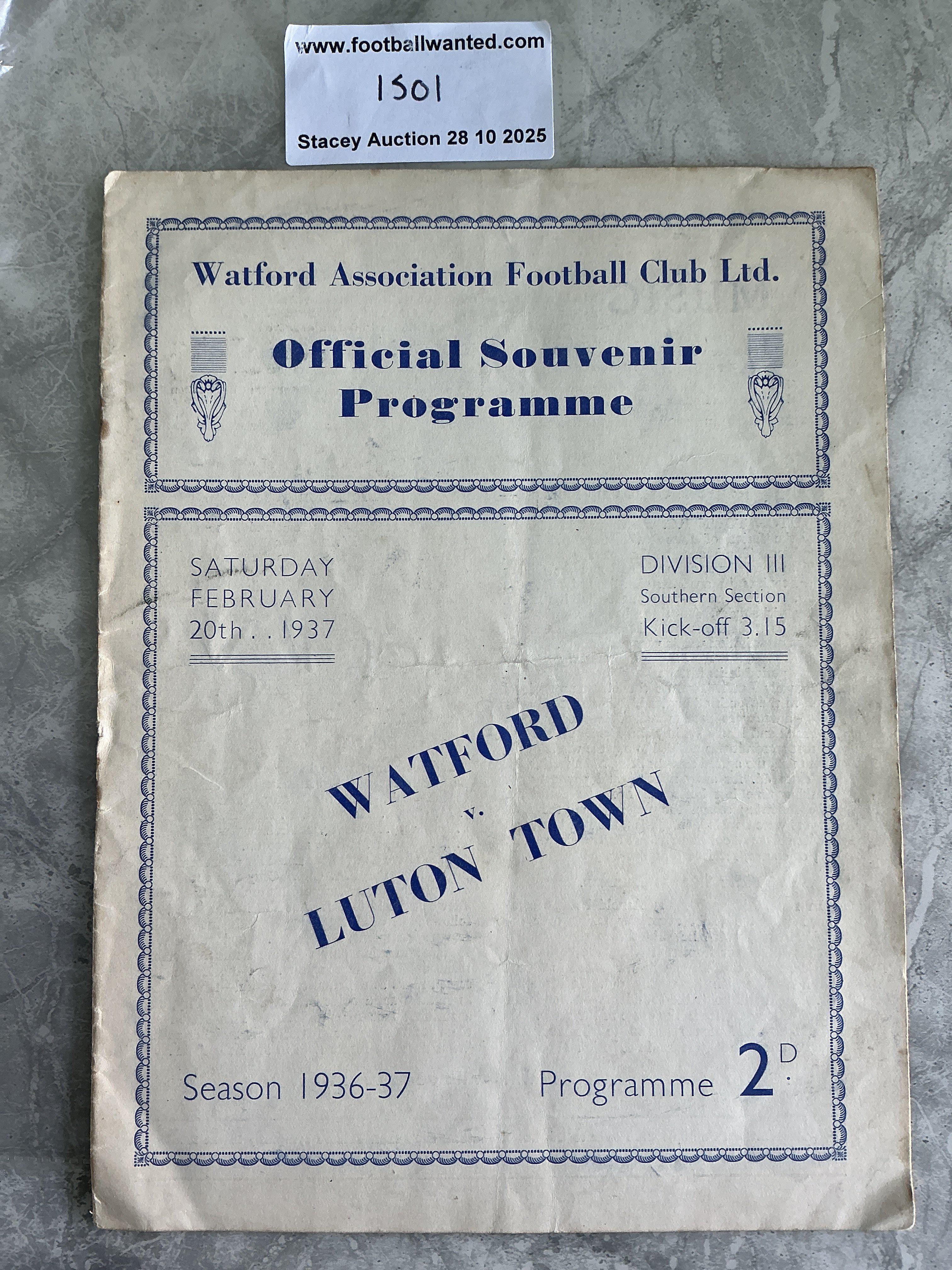 36/37 Watford v Luton Town Football Programme: 3rd Division South with 75 per cent split spine. Otherwise good with no team changes.