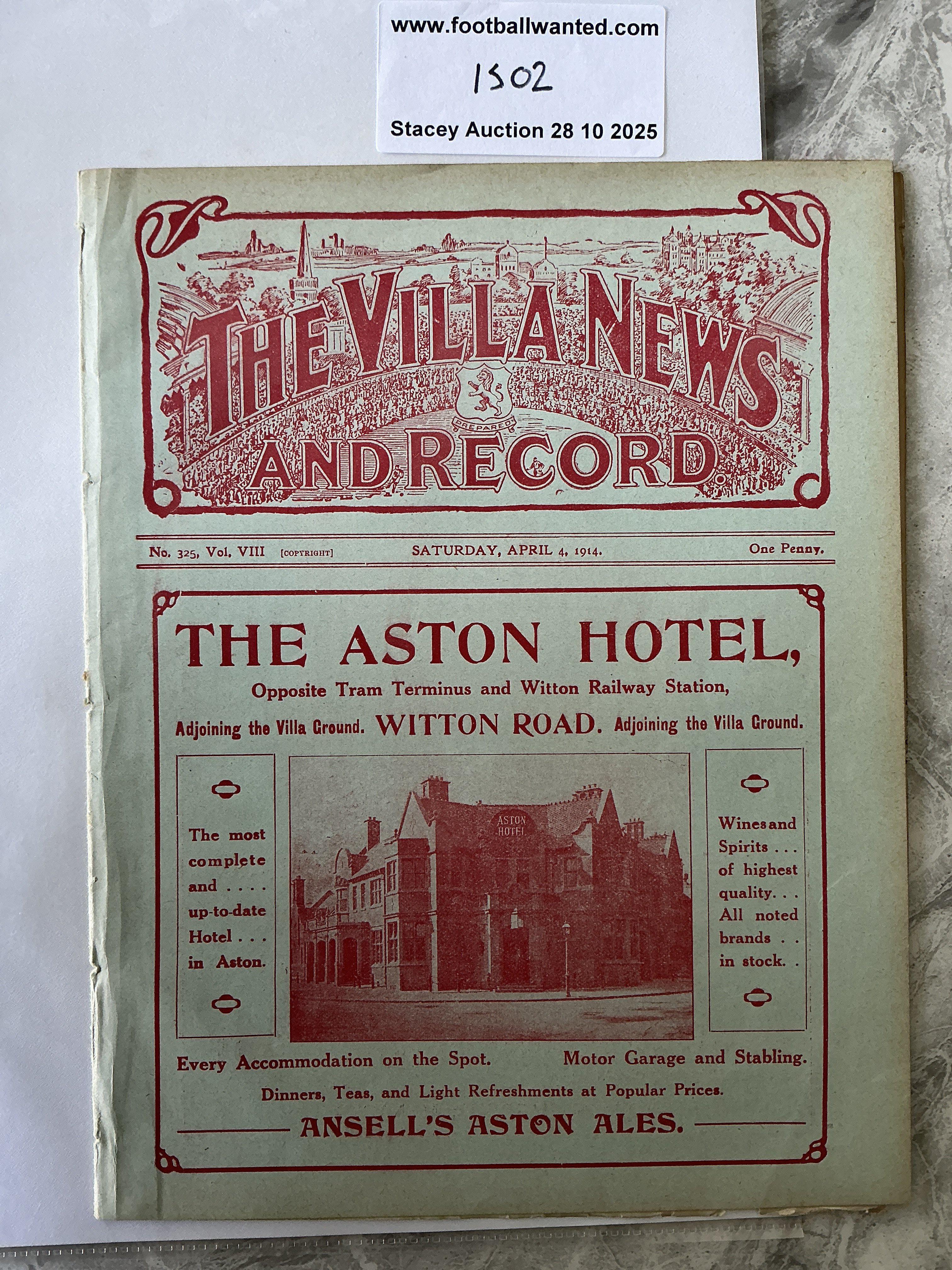 1913 - 1914 Aston Villa v Newcastle United Football Programme: Very good ex bound with covers 1st division league match. Villa were runners up this season. Only a few months before World War One started.