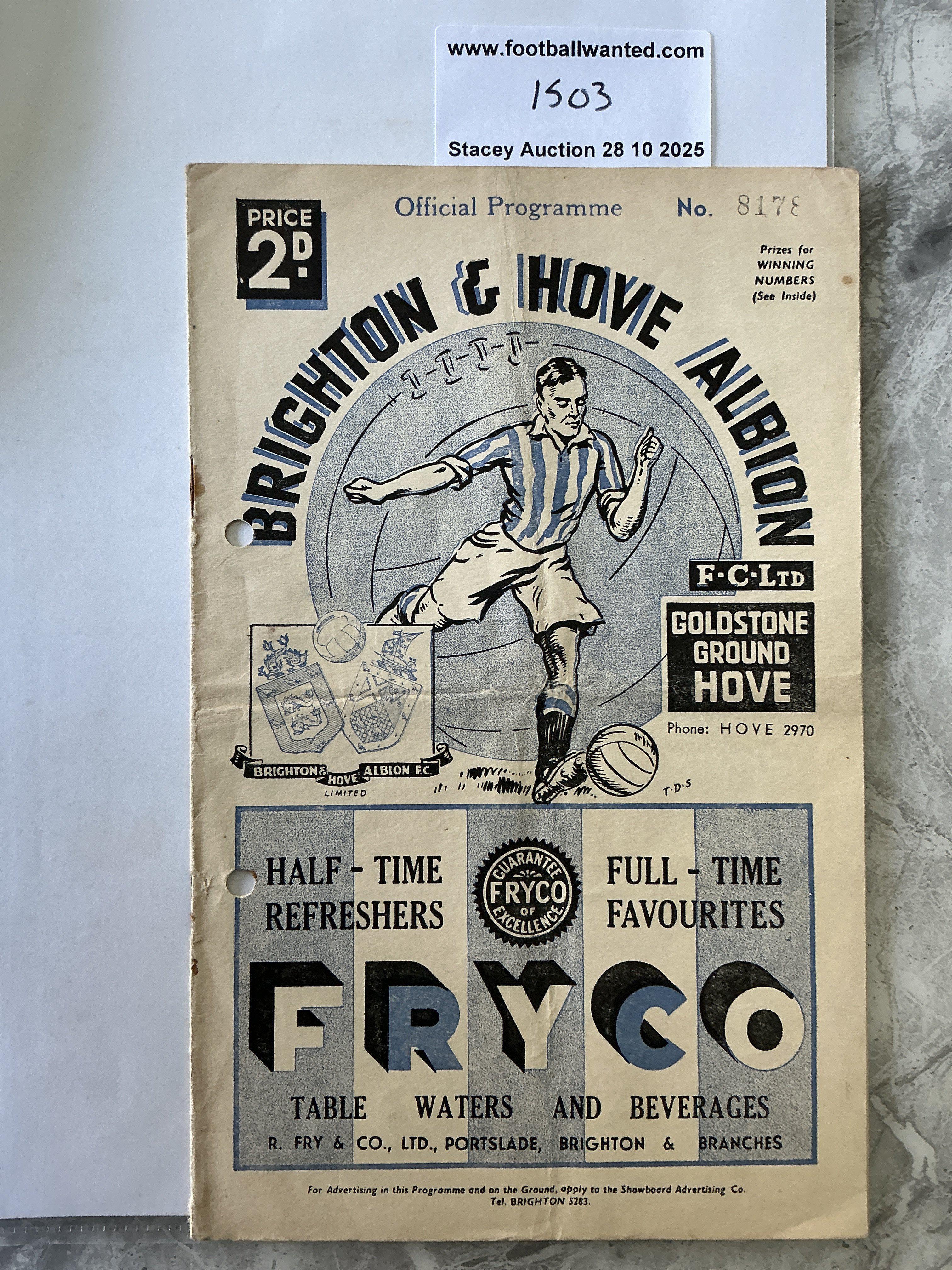 38/39 Brighton v Torquay United Football Programme: Good condition 3rd Division South programme although two punch holes. No team changes. Has some pencilled half times inside.