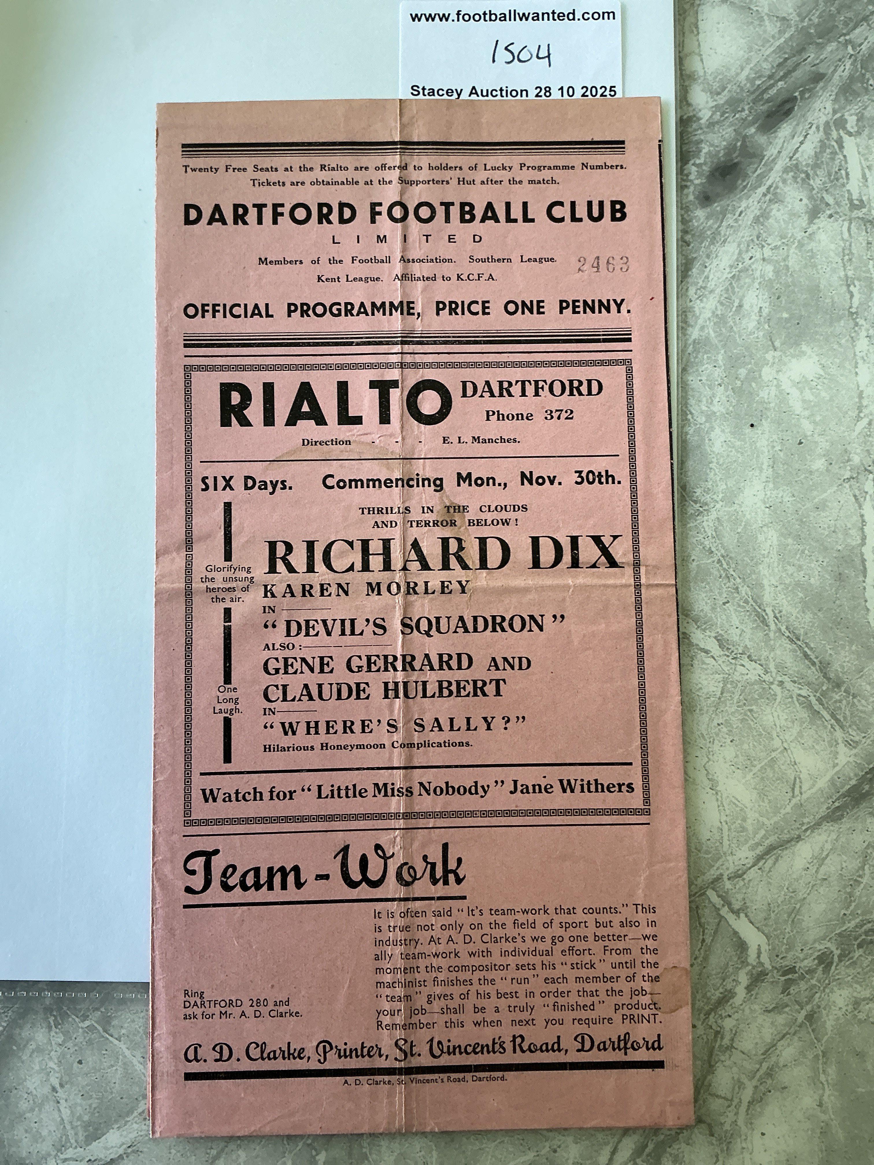 36/37 Dartford v Peterborough FA Cup Football Programme: Good condition gatefold programme with no team changes. FA Cup 1st round proper. Heavy folding.