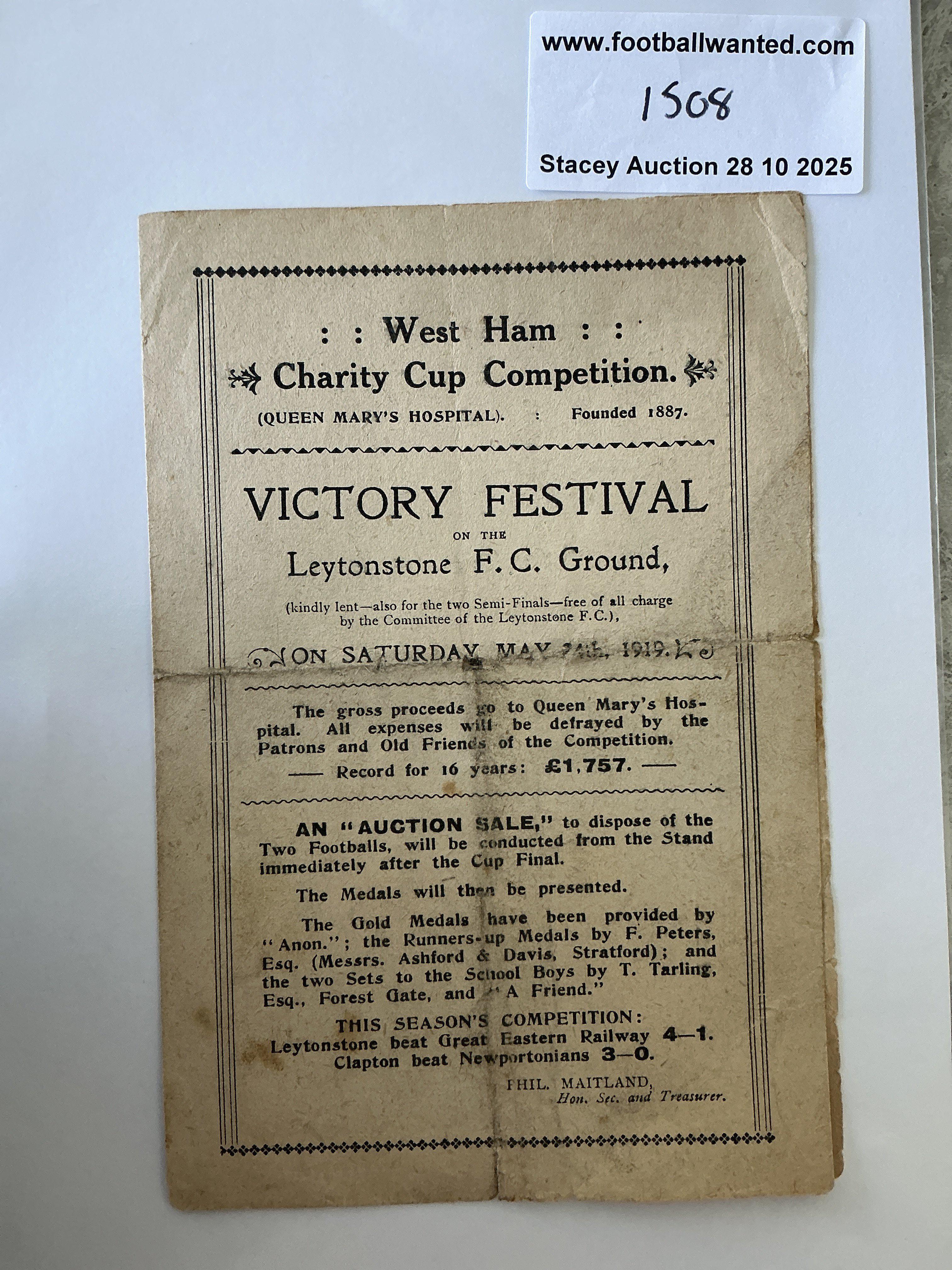 1918 - 1919 West Ham Charity Cup Final Football Programme: Leytonstone v Clapton final with programme doubling up as West Ham v Walthamstow Schools. Fair condition with no team changes. Wear to folding and a couple of small tears.