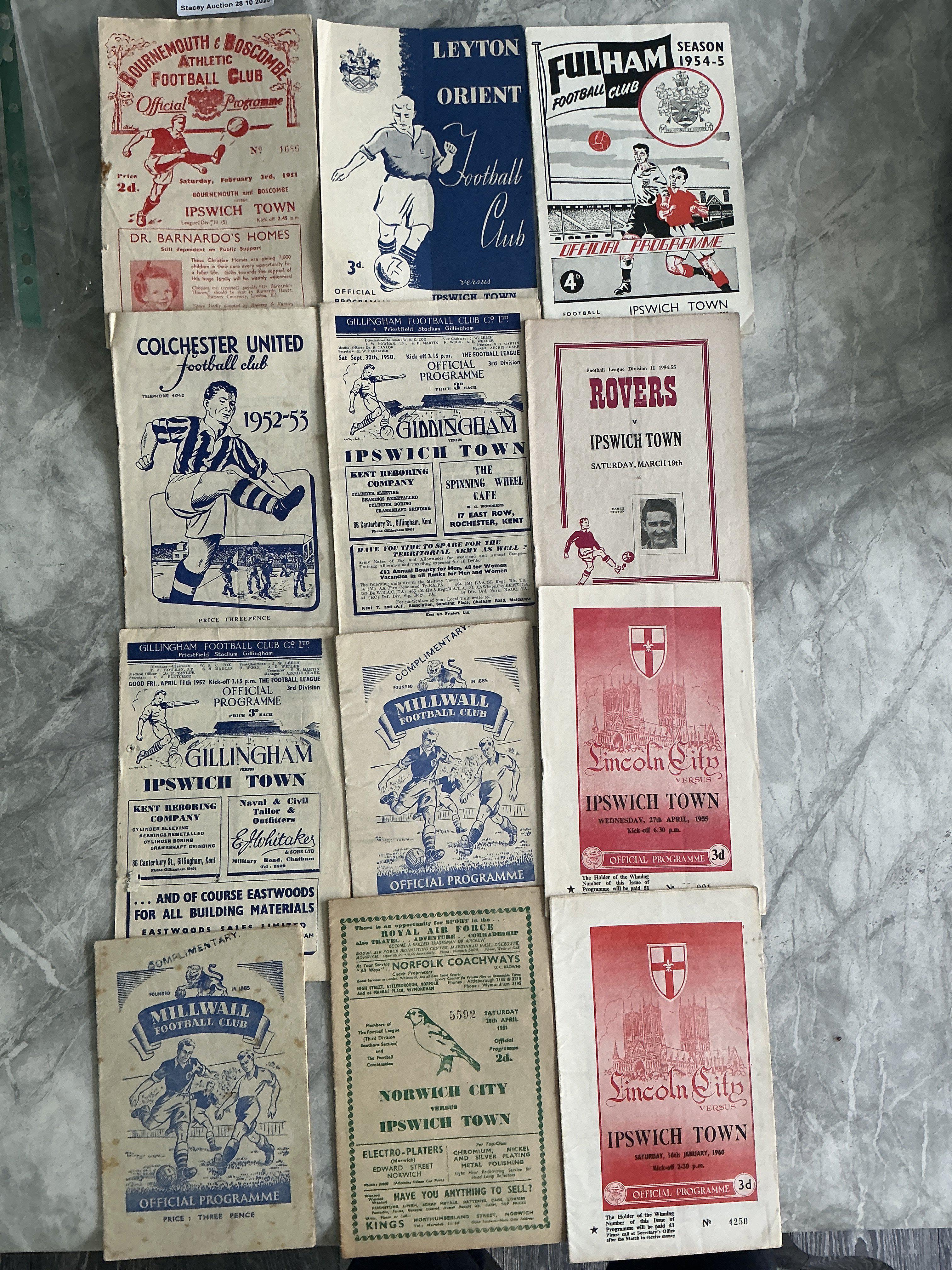1950s Ipswich Town Away Football Programmes: 50/51 Gillingham Orient Bournemouth Norwich 51/52 Millwall Orient Gillingham 52/53 Colchester Exeter Millwall Bristol Rovers 53/54 Brighton Walthamstow FA Cup Norwich Preston FA Cup Crystal Palace 54/55 Hull Birmingham Blackburn Lyon Lincoln Bristol Rovers. Mainly good with a couple less so. (30)