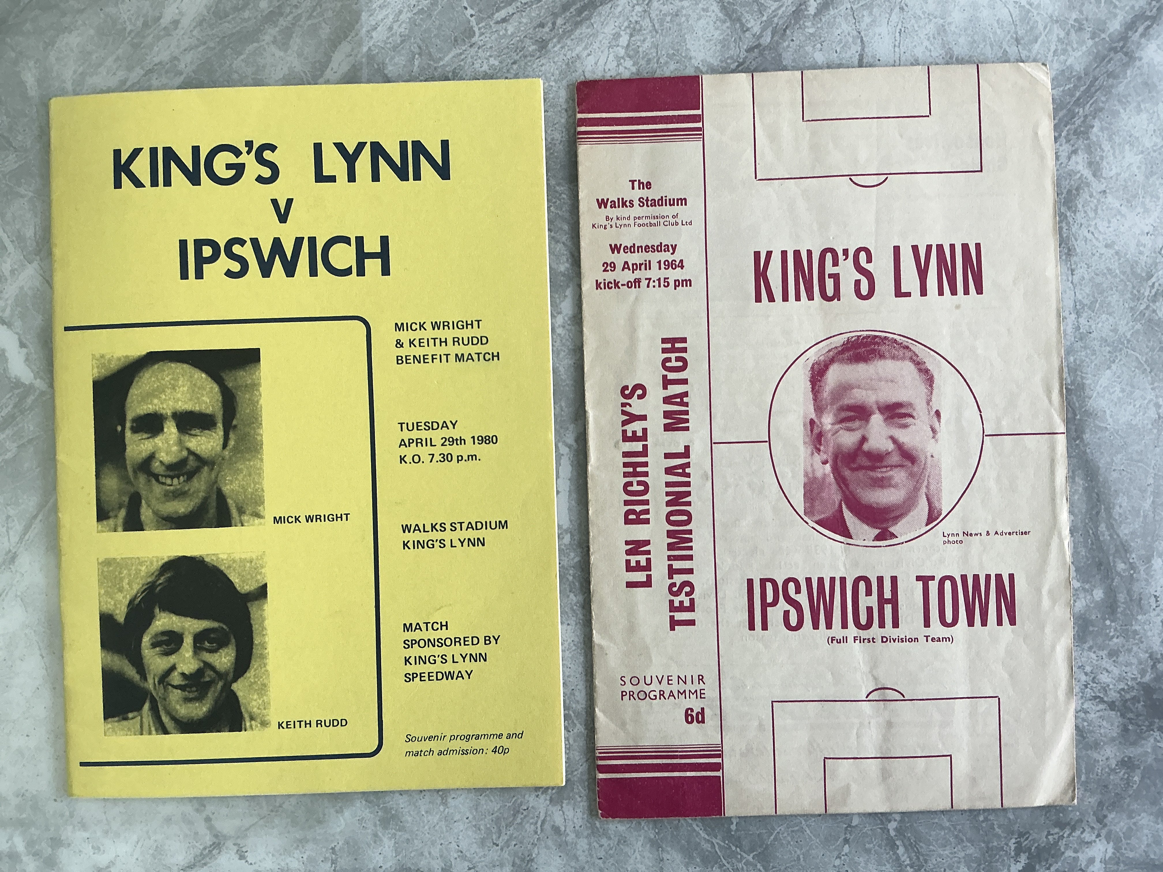 Kings Lynn v Ipswich Testimonial Football Programmes: Very hard to obtain 63/64 Len Richley and 1980 Wright/Rudd both in good condition with team changes. (2)