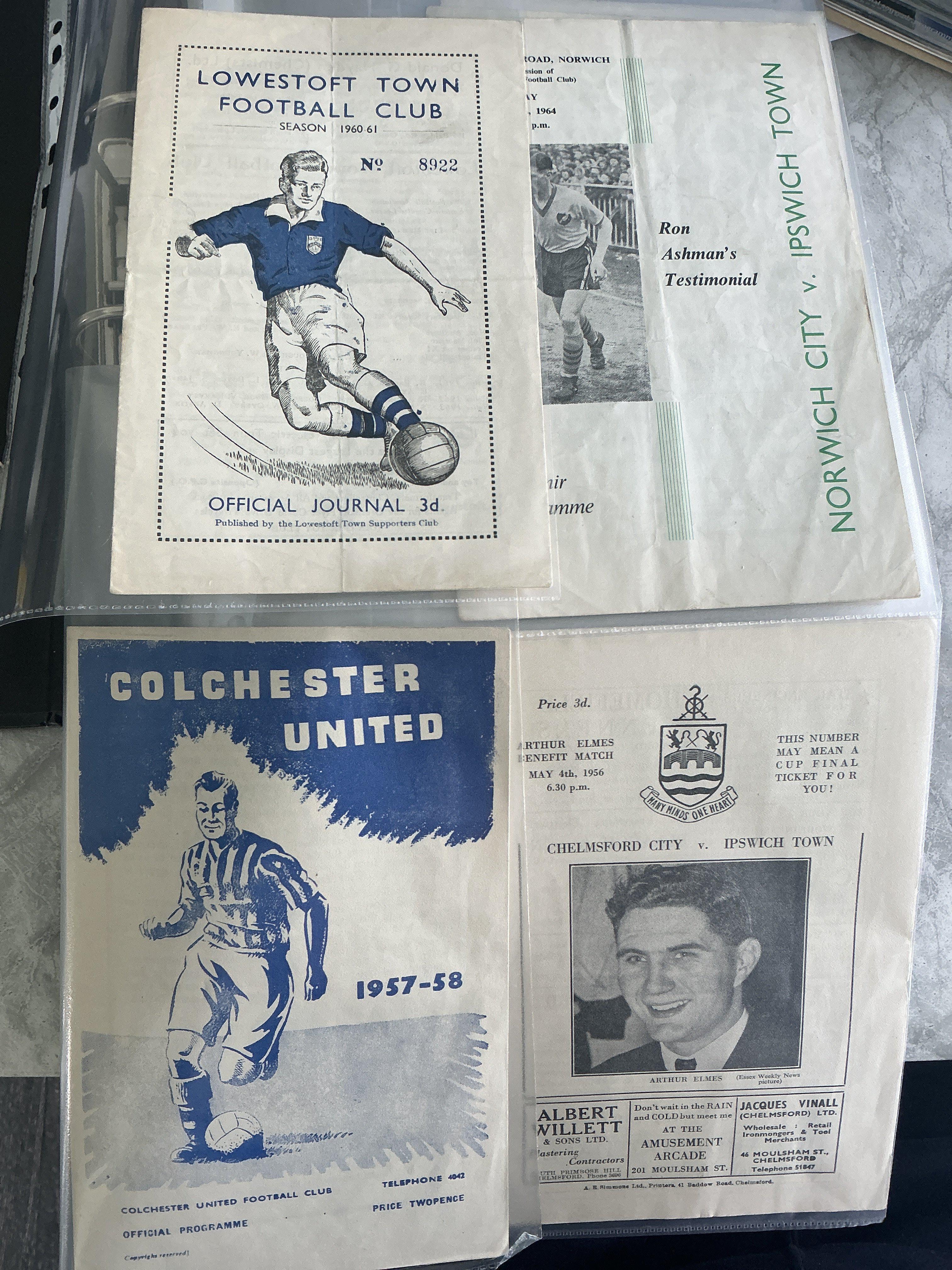 Ipswich Town Away Testimonial Football Programmes: Private collection in folder where some rare issues. Includes 55/56 Chelmsford (Elmes) 60/61 Lowestoft (Peck) 63/64/Norwich (Ashman) 65/66 (Butler) 66/67 Chelmsford (Butcher/Eades) 69/70 Lowestoft (Butcher) 70/71 Bedford (Cooley/Skinn) 71/72 Cambridge Select (Gregson) 76/77 (Simmons) Chelmsford (Tomkins) 82/83 Sudbury (Mychajluk). Must view. (55)