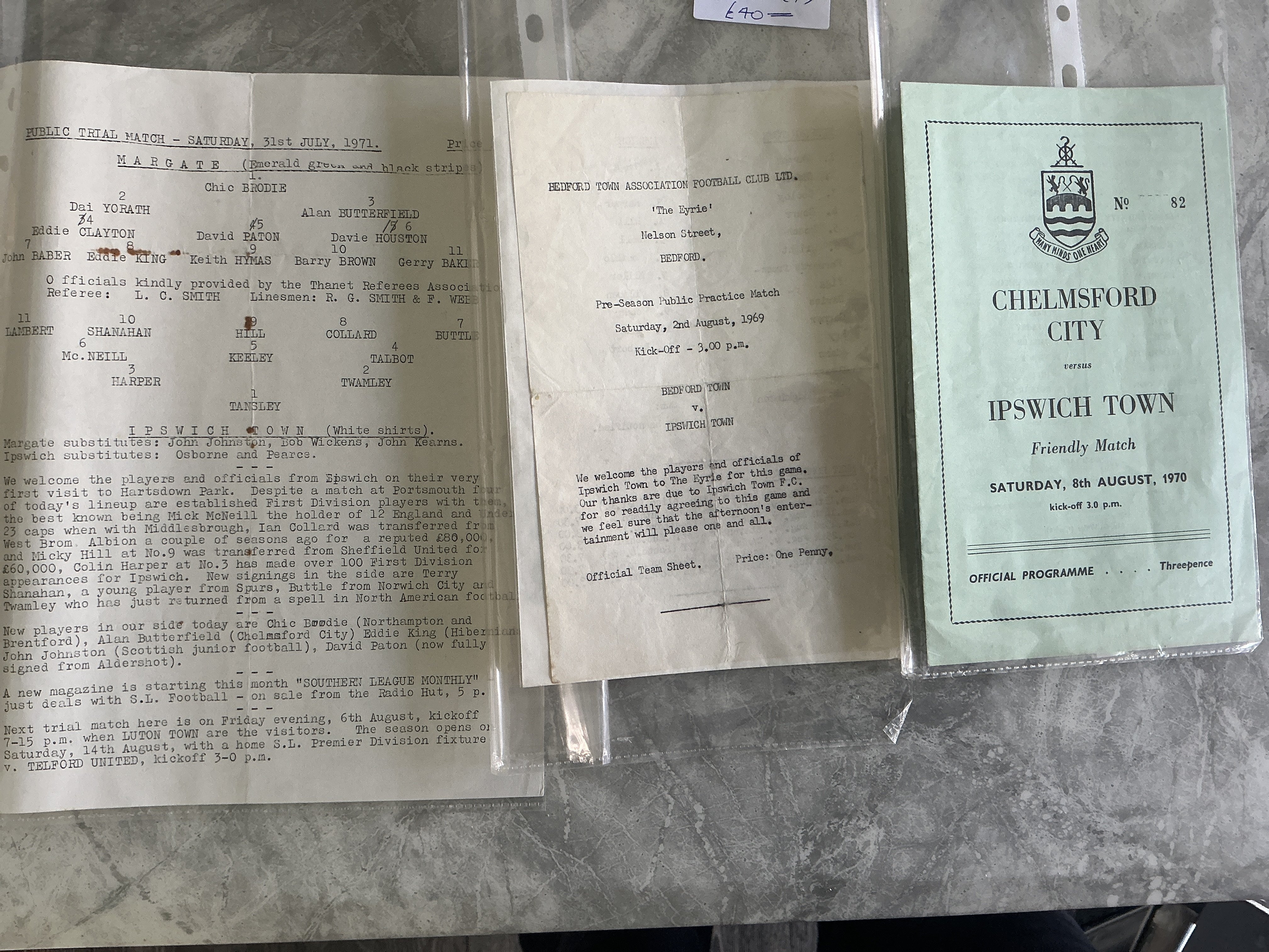 Ipswich Town Reserve Away Friendly Football Programmes: Collectors folder containing an unusual collection from 69/70 to date. Some harder to obtain issues include 69/70 Bedford single sheet 70/71 Chelmsford, 71/72 Margate, 72/73 + 74/75 Romford, 75/76 Gorleston. Whilst it does not always state reserves it is collectors opinion a reserve team was fielded. Very good. (70)