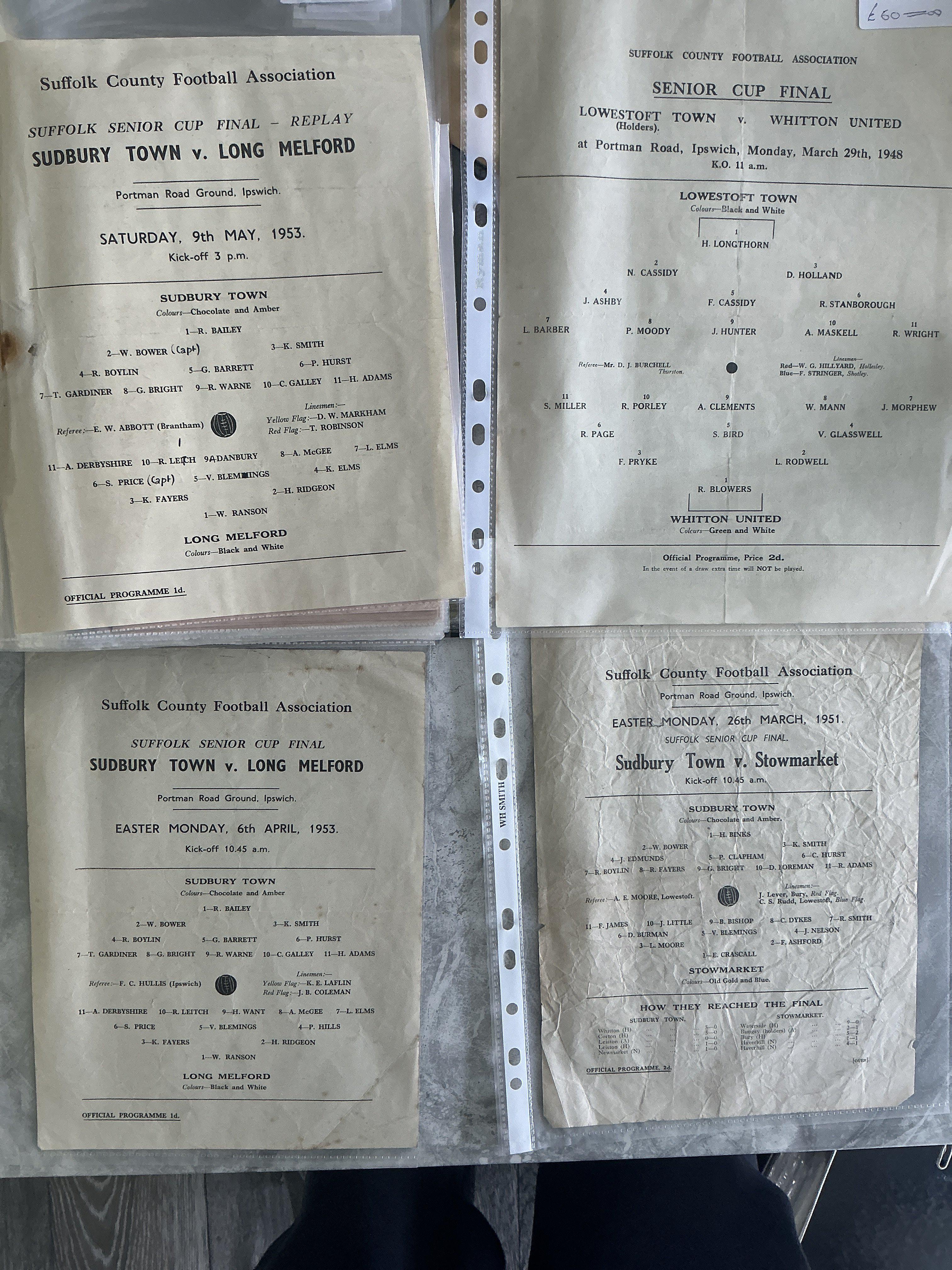 Suffolk Senior Cup Final Football Programmes: Played at Portman Road Ipswich to include single sheets 1948 Lowestoft v Whitton, 1951 Sudbury v Stowmarket creased, 1953 Sudbury v Long Medford + replay. 4 more from the late 50s and some more modern. Housed in collectors folder. (40)